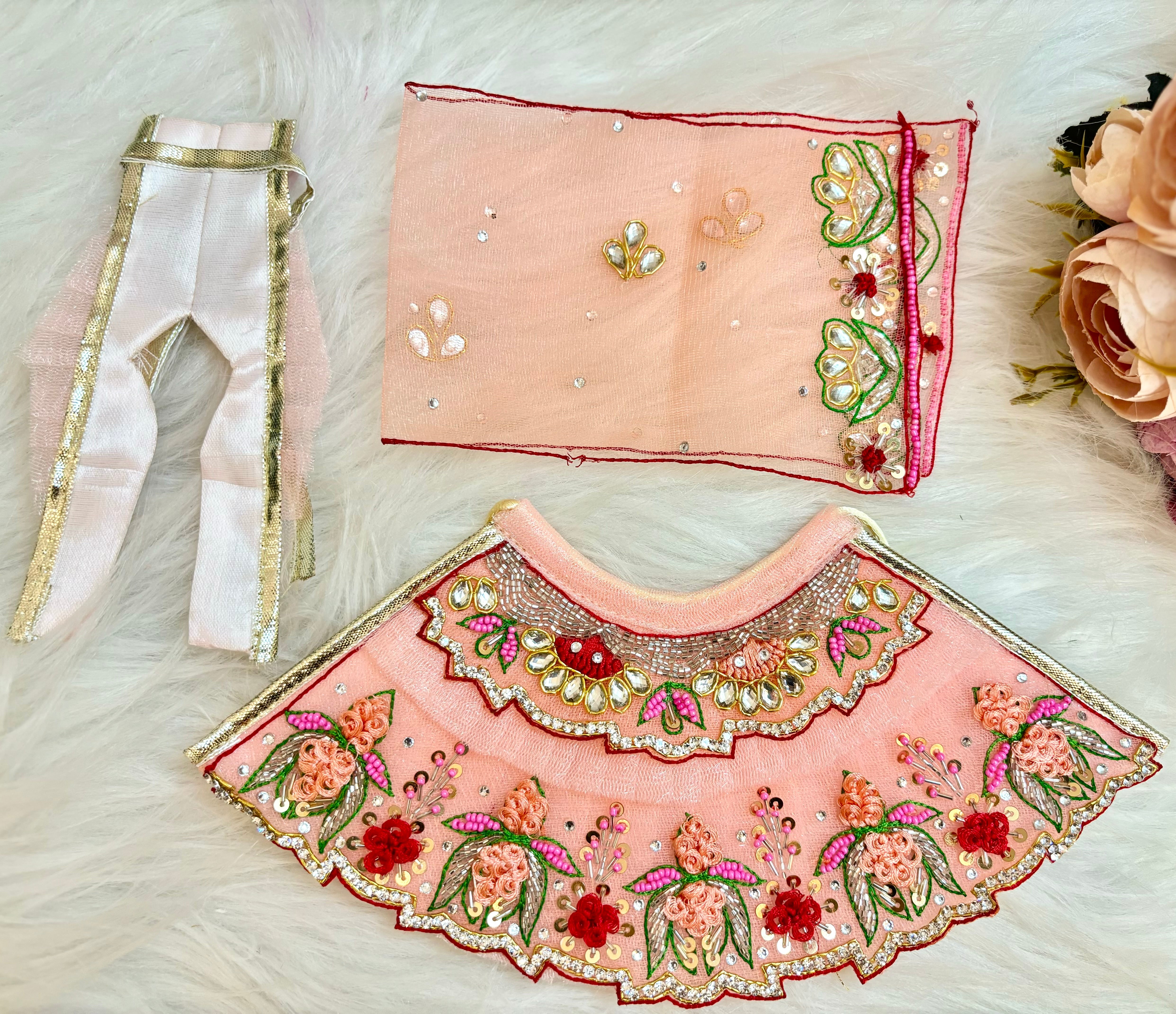 Designer Peach Lotus Lehenga & Dhoti Set for Laddu Gopal - 6 Piece Kanha Ji Poshak, Bal Gopal Dress for Janmashtami Festival - Handmade Fancy Outfit