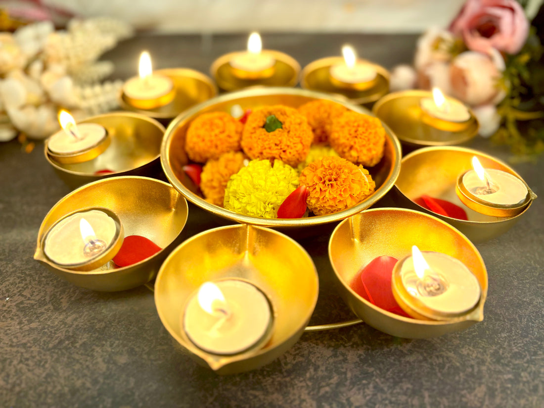 Handmade Decorative Urli Bowl with 12 Tealight Holders - Perfect for Janmashtami Celebrations, Featuring Laddu Gopal Dress & Kanha Ji Poshak