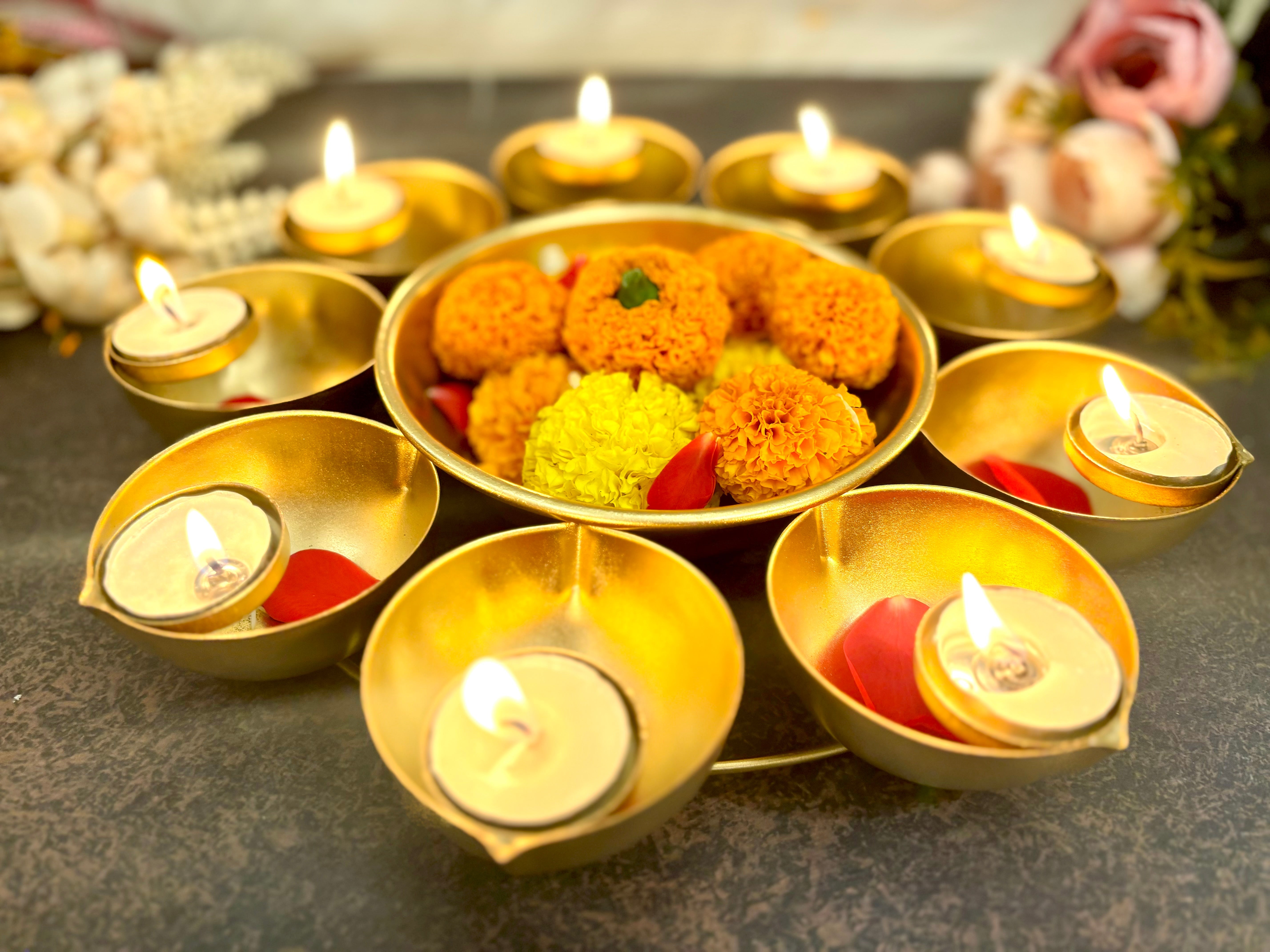 Handmade Decorative Urli Bowl with 12 Tealight Holders - Perfect for Janmashtami Celebrations, Featuring Laddu Gopal Dress & Kanha Ji Poshak