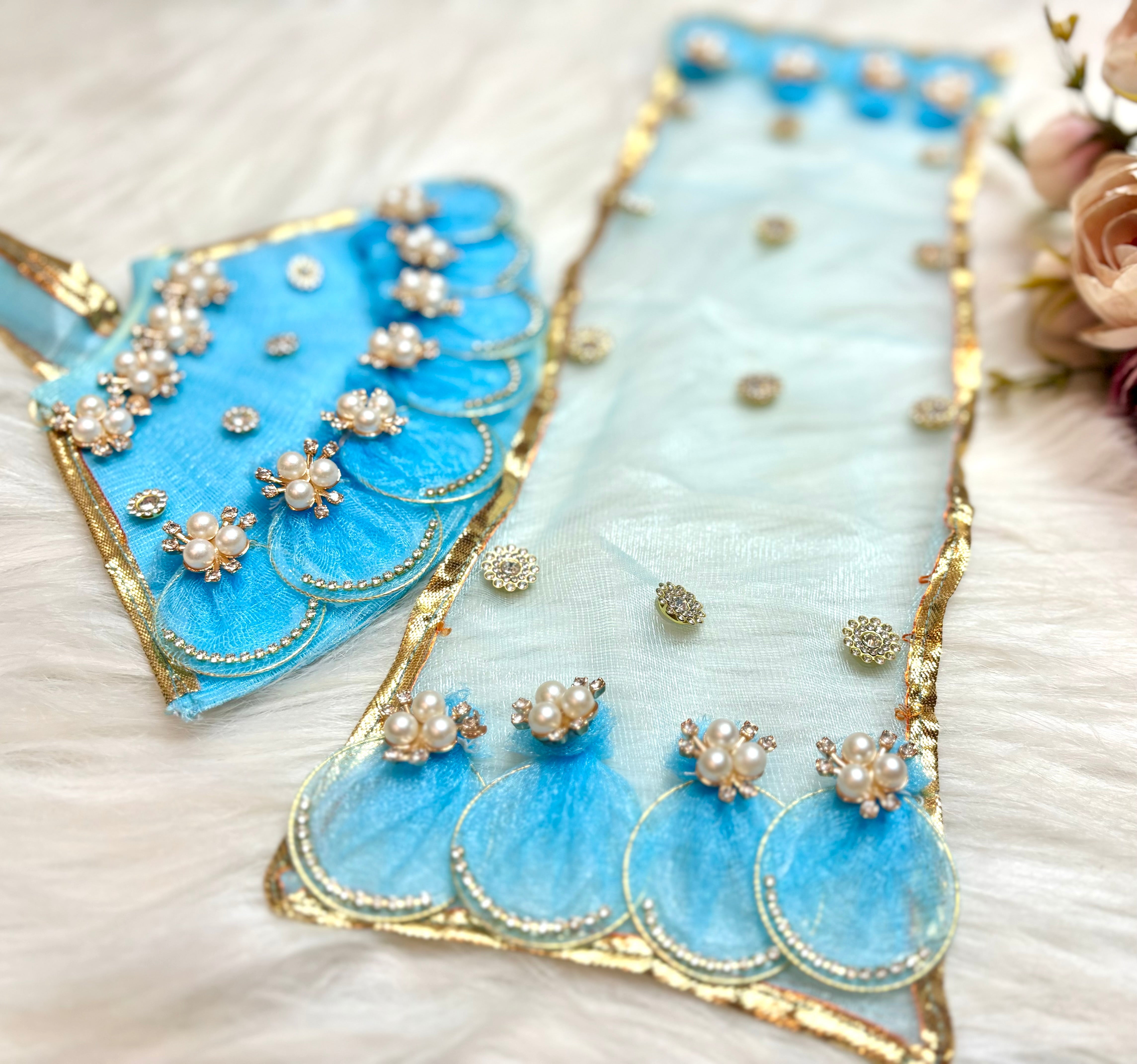 Handmade Mata Rani Skyblue Lehenga Set - 3 Piece Choli & Dupatta for Laddu Gopal Dress, Kanha Ji Poshak, Bal Gopal Dress for Janmashtami Festival