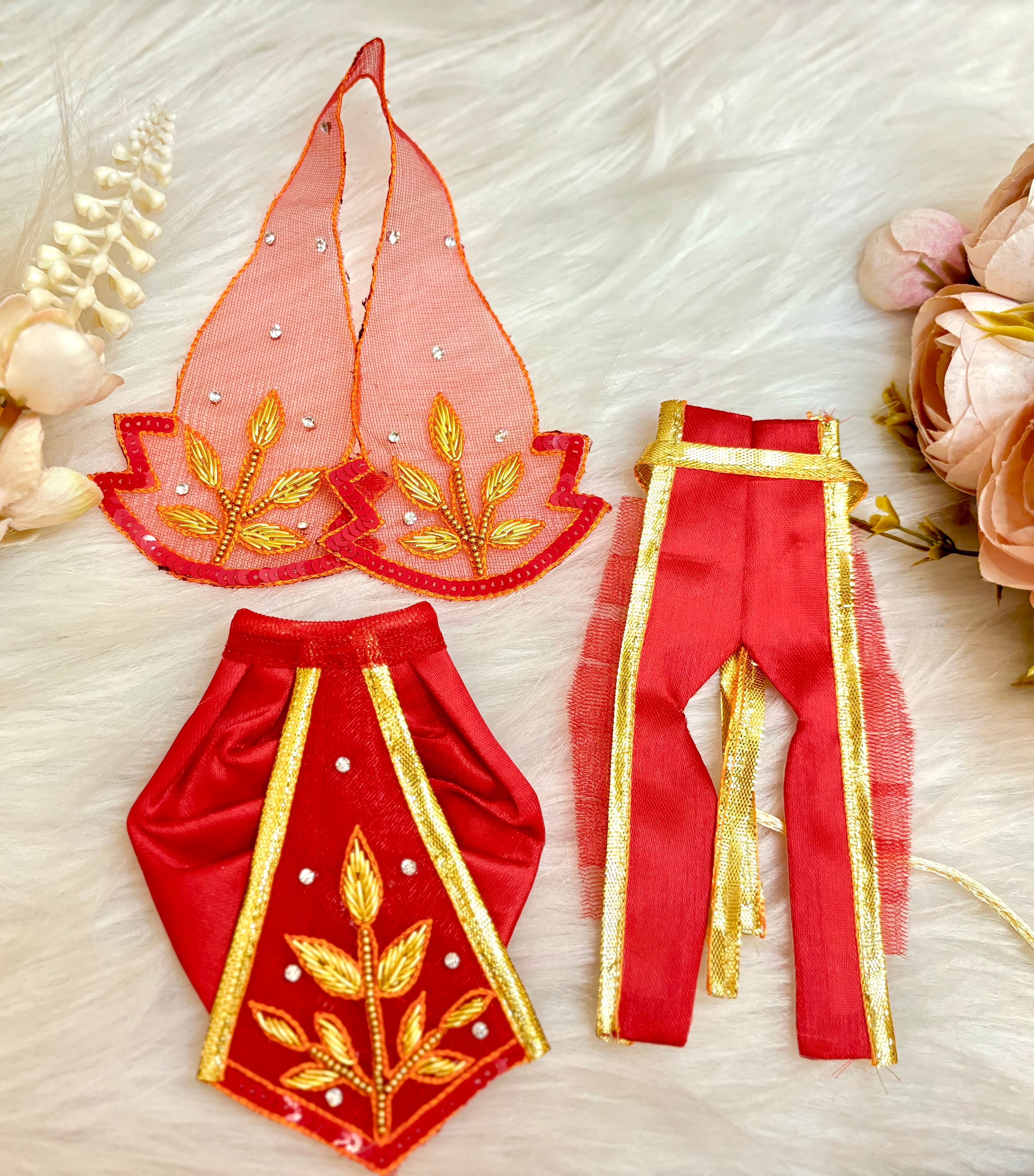 Designer Luxe Lehenga & Dhoti Set for Laddu Gopal - Golden Red Leaf Poshak for Kanha Ji, Bal Gopal & Krishna Ji - Perfect for Janmashtami Celebrations