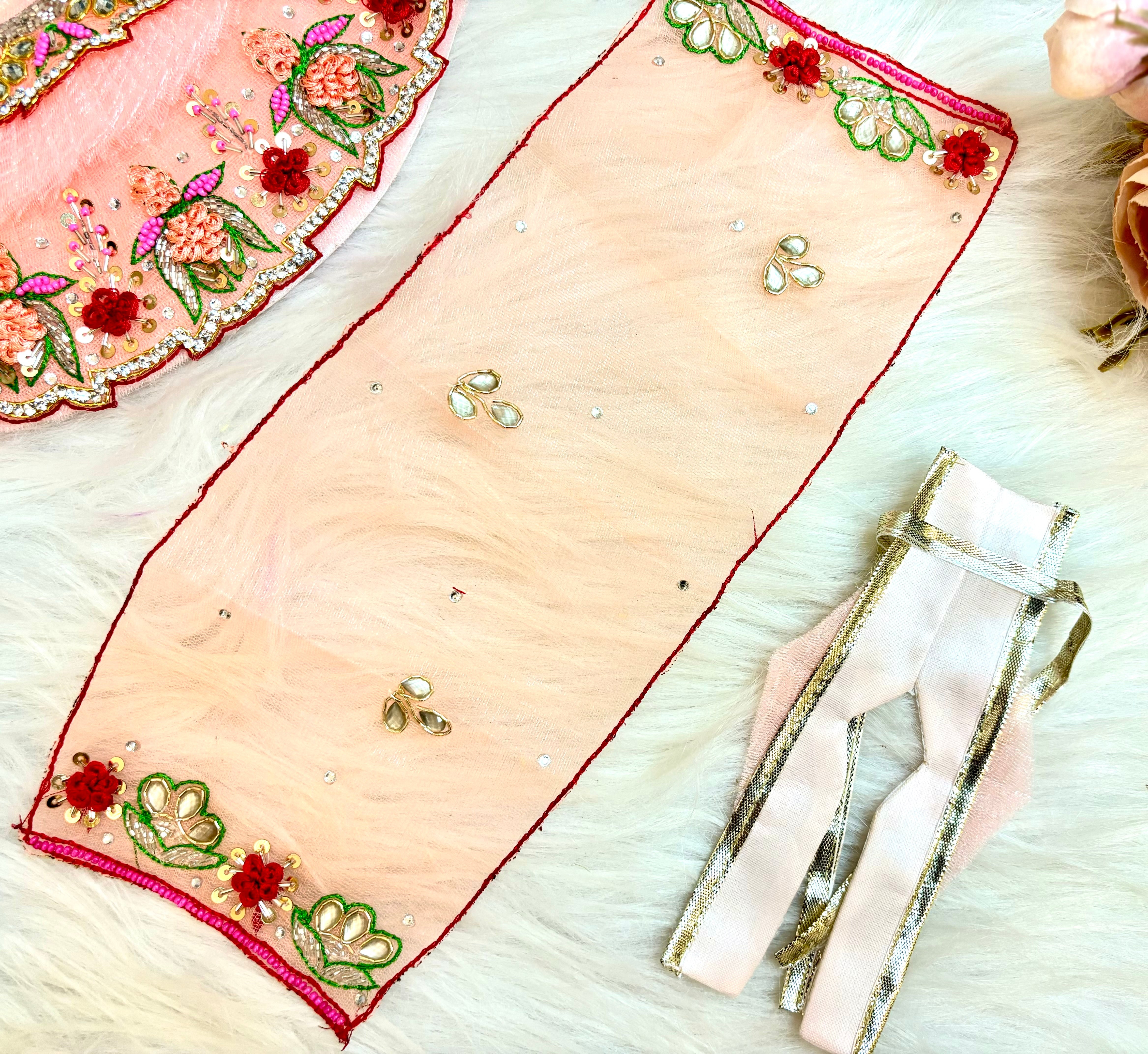 Handmade Luxe Pastel Peach Lotus Lehenga Set - Designer Choli & Dupatta for Laddu Gopal Dress, Kanha Ji Poshak, Bal Gopal & Krishna Ji Dress - Perfect for Janmashtami Festival