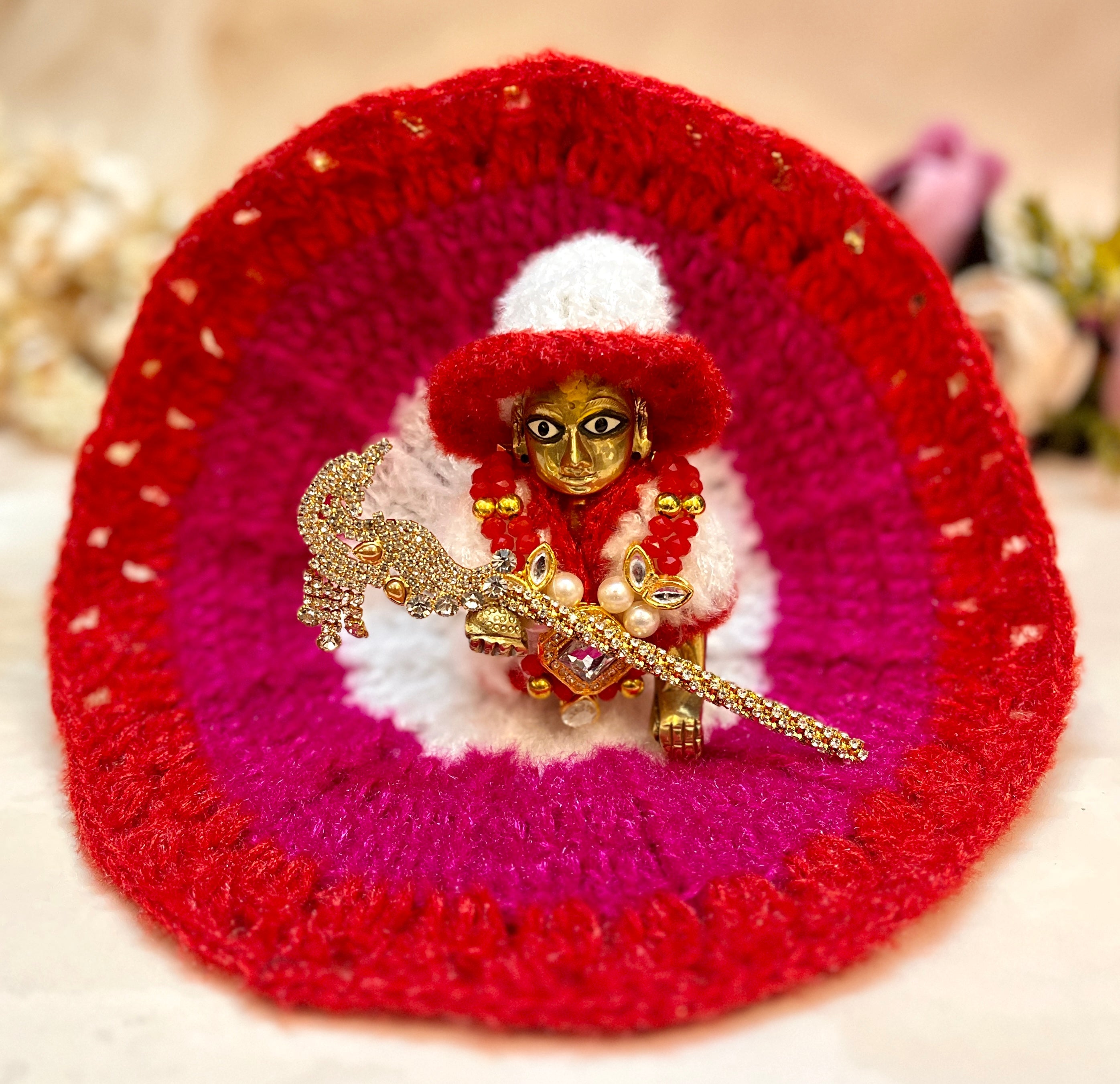Handmade Red & Pink Lotus Woollen Laddu Gopal Dress - Designer Kanha Ji Poshak for Janmashtami, Fancy Bal Gopal & Krishna Ji Dress