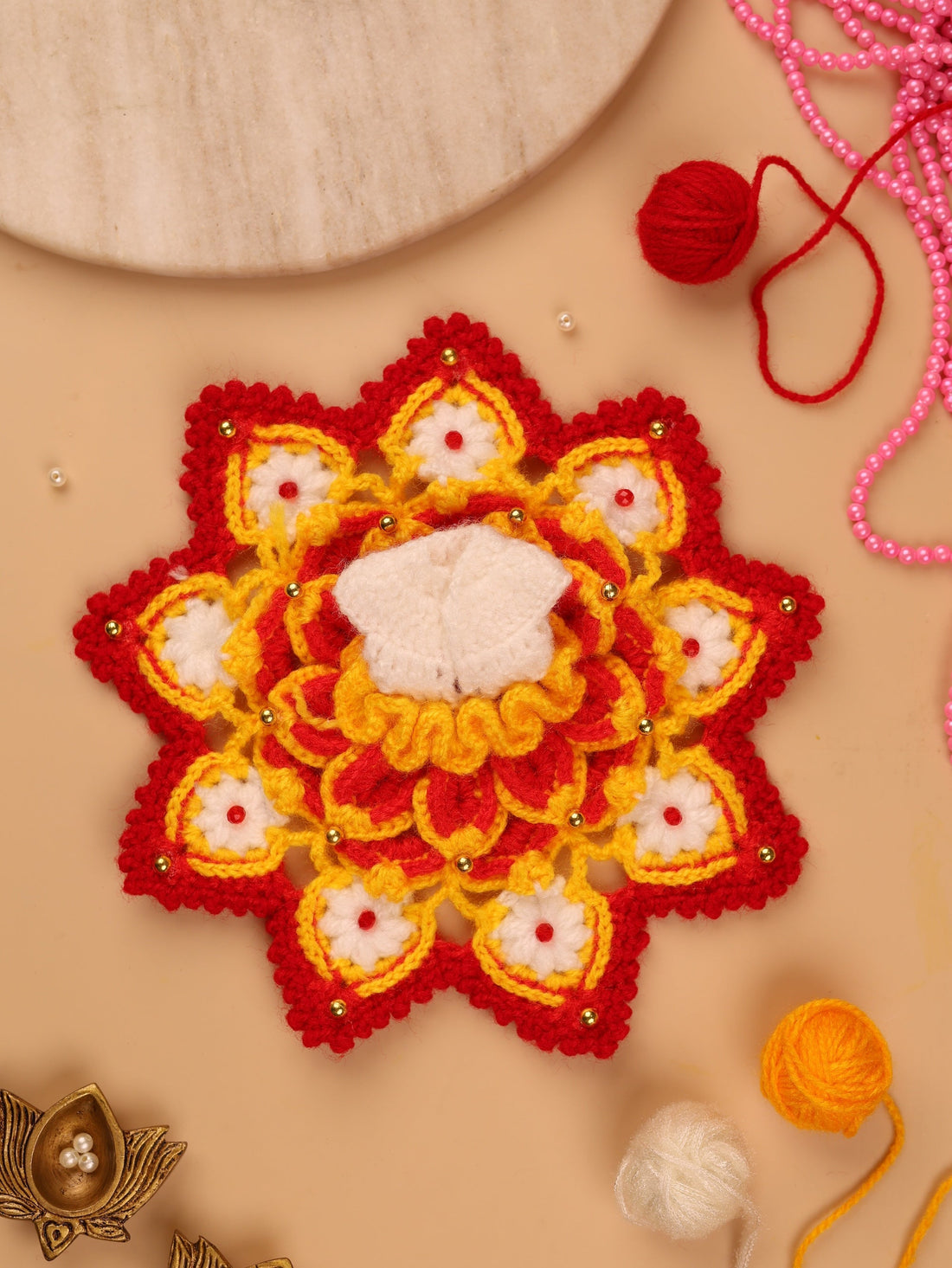 Handmade Sunehri Orange Wool Laddu Gopal Dress & Poshak Set - 2 Pc Designer Outfit for Janmashtami, Bal Gopal & Kanha Ji