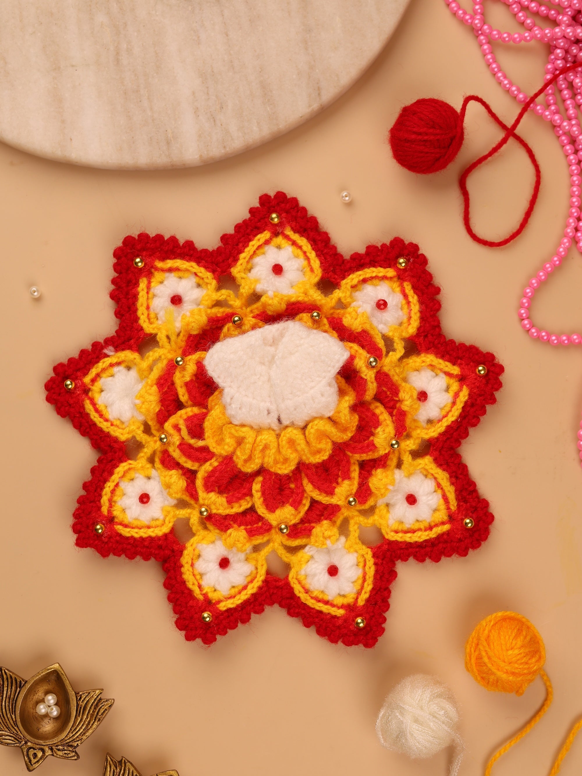 Handmade Sunehri Orange Wool Laddu Gopal Dress & Poshak Set - 2 Pc Designer Outfit for Janmashtami, Bal Gopal & Kanha Ji