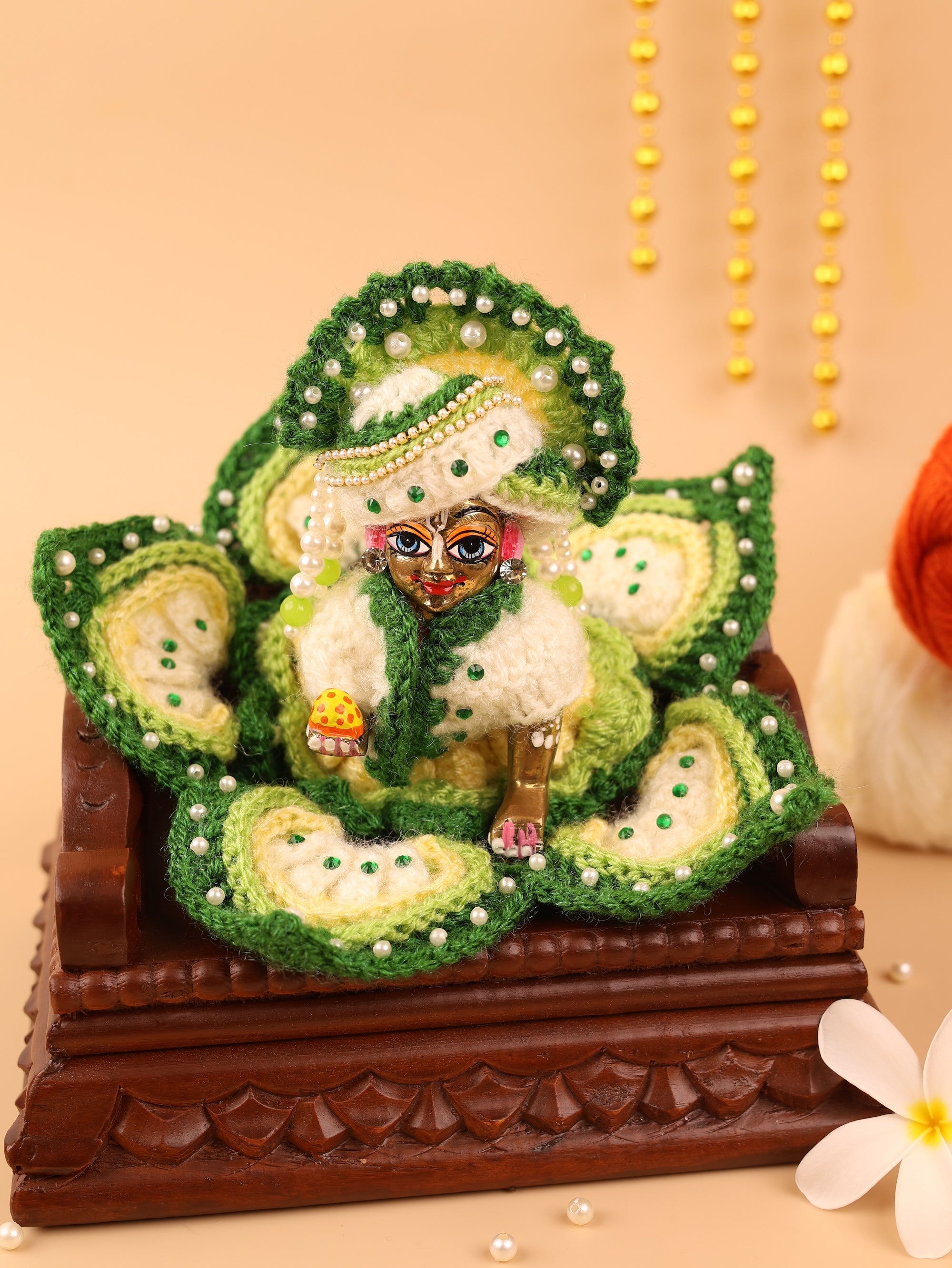 Handmade Tulsiya Green Wool Laddu Gopal Dress Set - 2 Pc Designer Poshak for Kanha Ji & Bal Gopal - Perfect for Janmashtami Festival