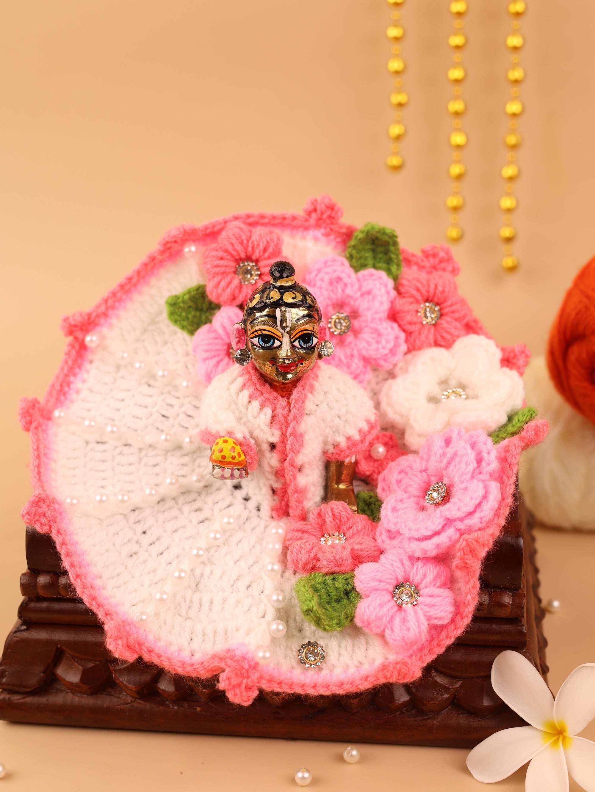 Handmade Phulwari Pink Wool Laddu Gopal Dress Set - 2 Pc Designer Poshak for Kanha Ji, Bal Gopal & Krishna Ji - Perfect for Janmashtami Festival