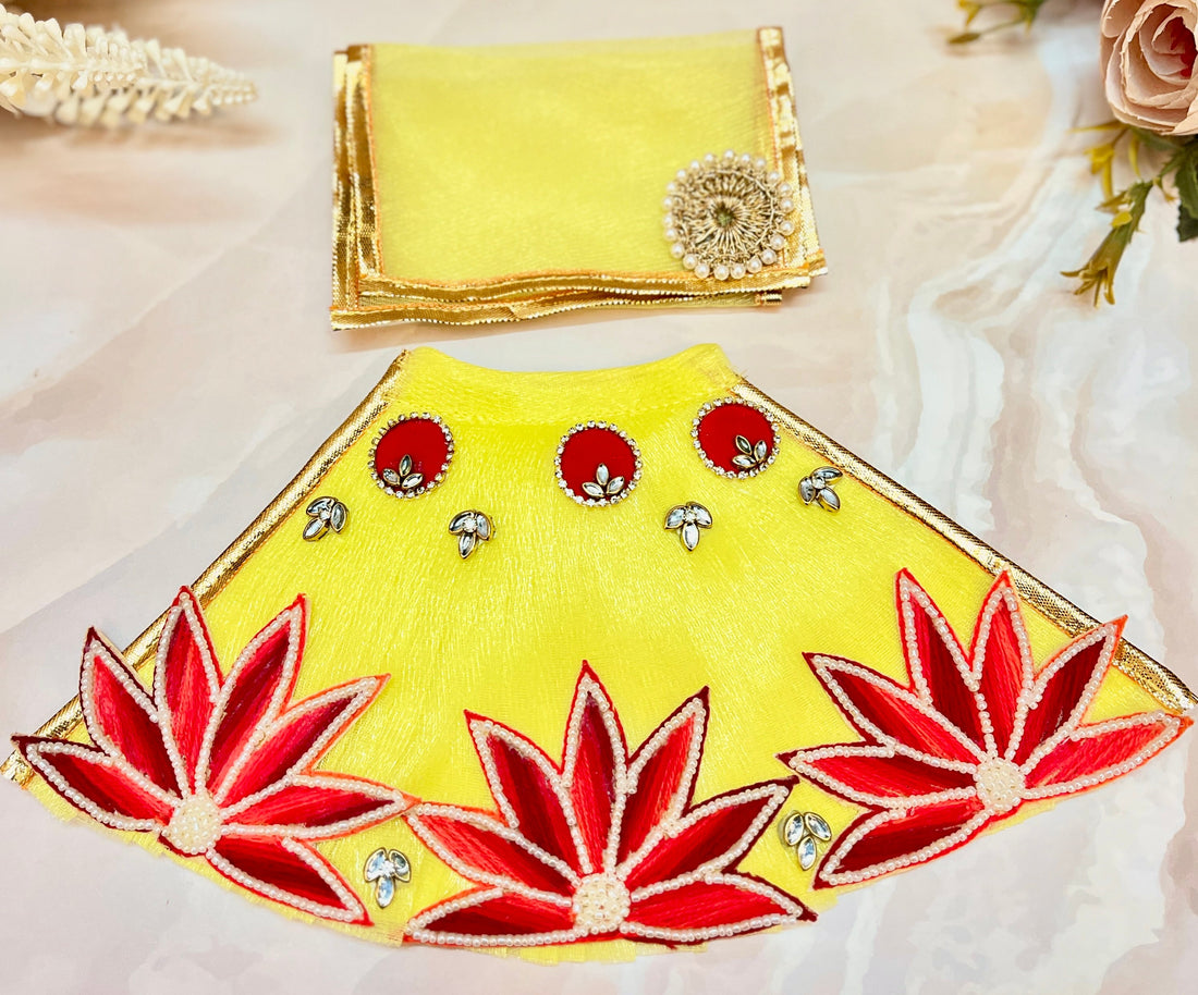 Handmade Mata Rani Lotus Lime Lehenga Set - 3 Piece Choli & Dupatta for Laddu Gopal Dress, Kanha Ji Poshak, Bal Gopal Dress, Janmashtami Festival