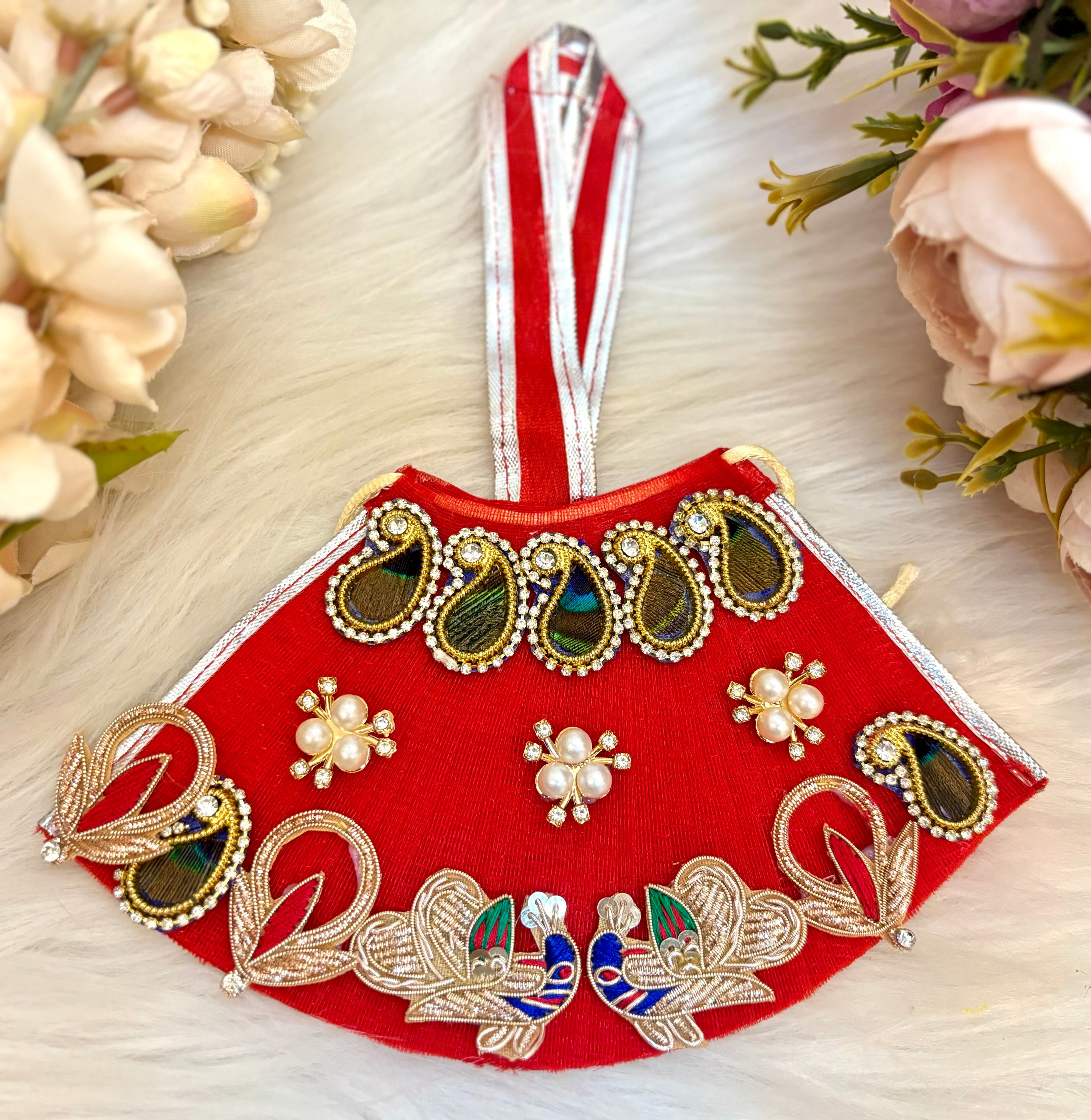 Handmade Designer Red Peacock Lehenga & Dhoti Set - 7 Piece Laddu Gopal Dress, Kanha Ji Poshak, Bal Gopal Dress for Janmashtami Festival
