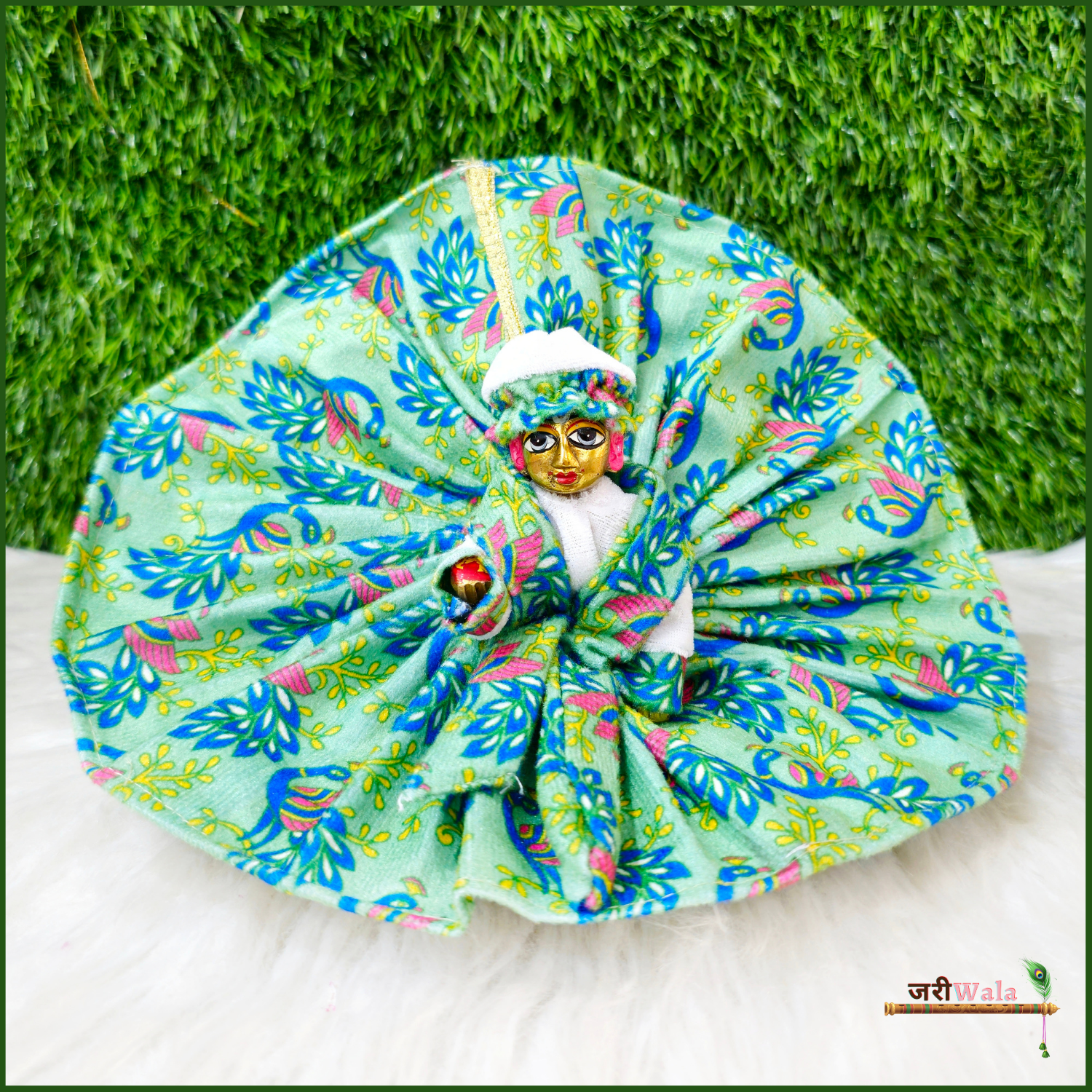 Shaneel Handmade Digital Print Floral Sea Green Laddu Gopal Dress with Patka & Cap - Designer Kanha Ji Poshak for Janmashtami & Festivals