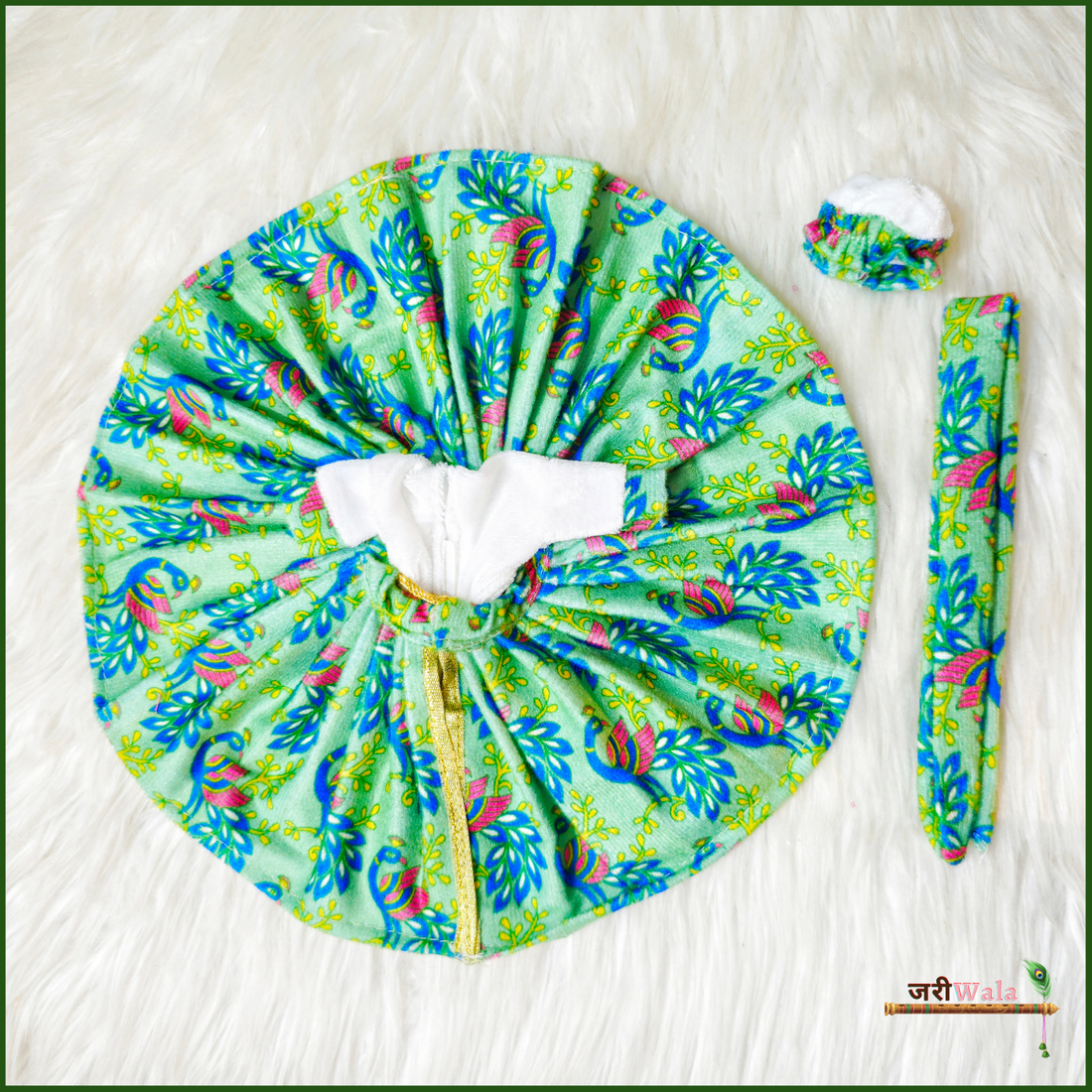 Shaneel Handmade Digital Print Floral Sea Green Laddu Gopal Dress with Patka & Cap - Designer Kanha Ji Poshak for Janmashtami & Festivals