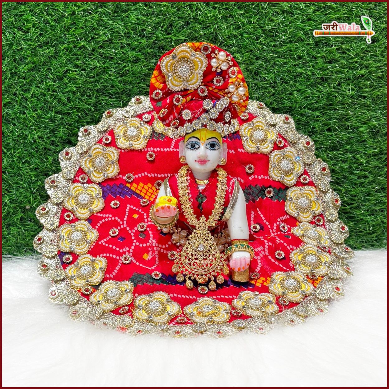 Handmade Cotton Bandhej Laddu Gopal Dress with Moti Stone Booti Work, Pagdi & Patka – Designer Kanha Ji Poshak for Janmashtami Celebration