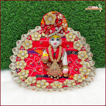 Handmade Cotton Bandhej Laddu Gopal Dress with Moti Stone Booti Work, Pagdi & Patka – Designer Kanha Ji Poshak for Janmashtami Celebration