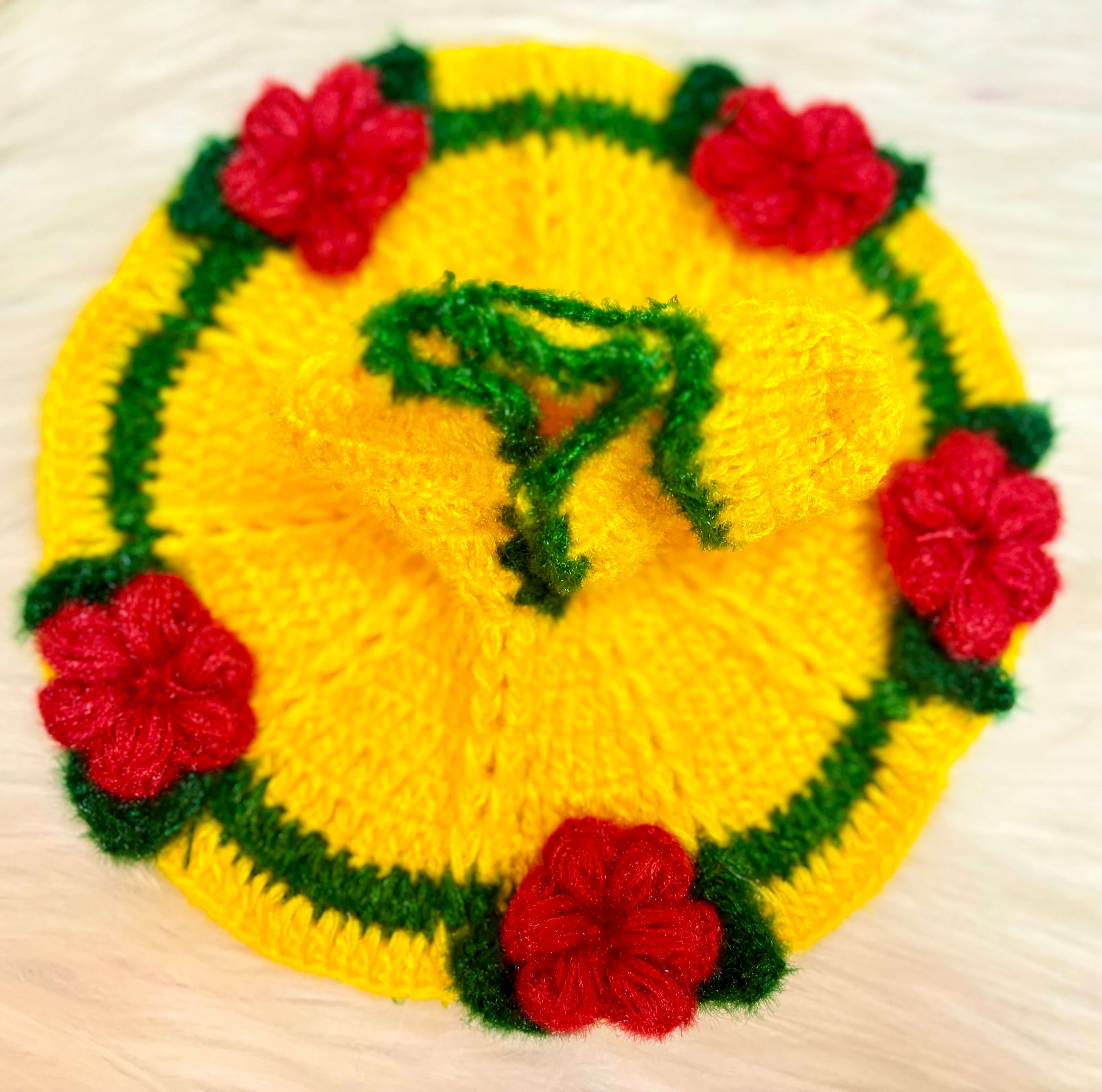 Handmade Yellow Green & Red Flower Woollen Laddu Gopal Dress | Designer Kanha Ji Poshak for Janmashtami | Fancy Bal Gopal & Krishna Ji Dress