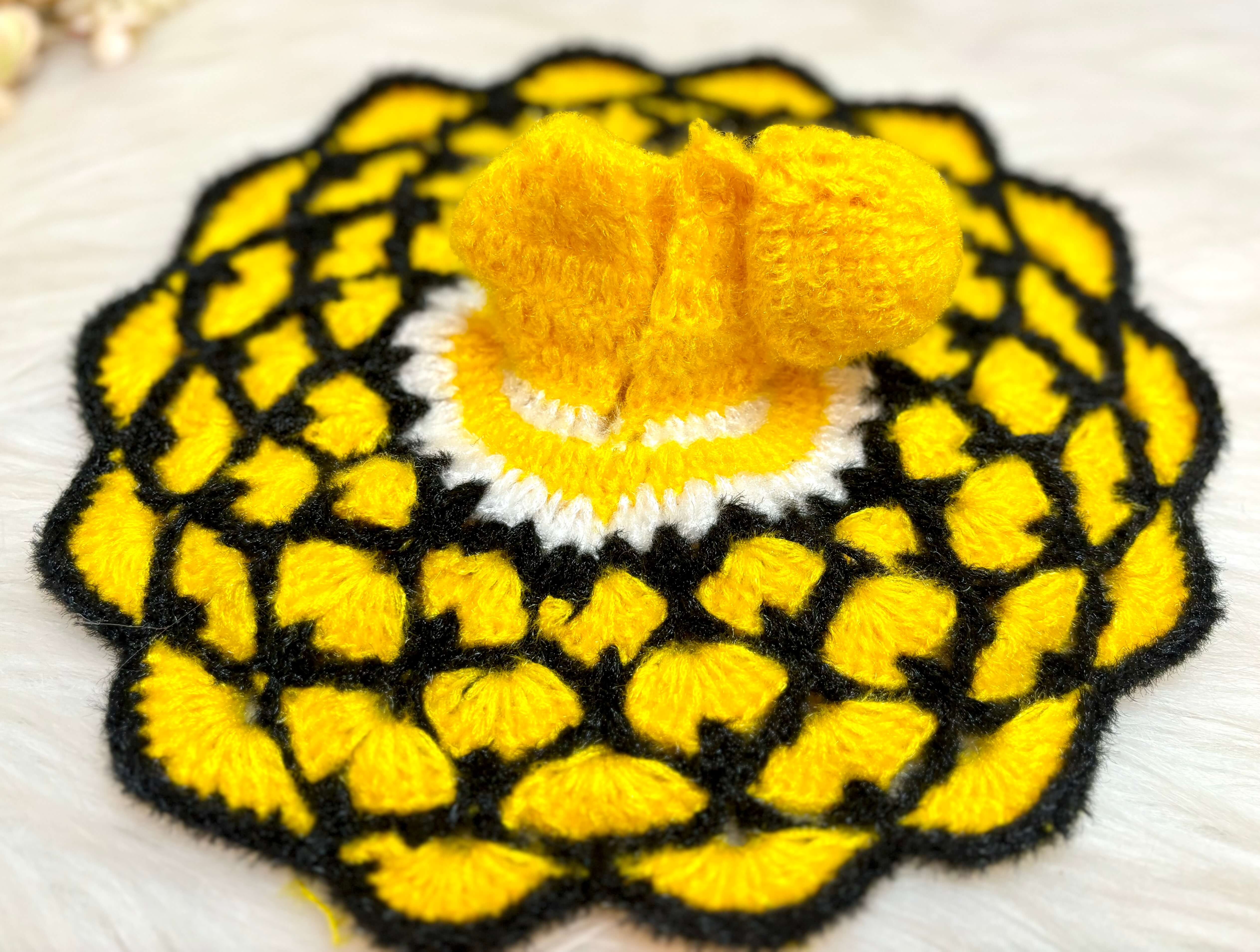 Handmade Yellow & Black Woollen Laddu Gopal Dress | Designer Kanha Ji Poshak for Janmashtami | Fancy Bal Gopal & Krishna Ji Dress
