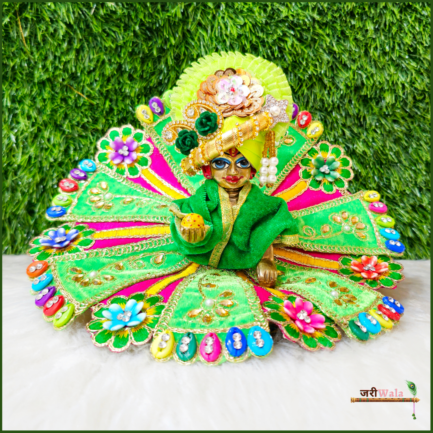 Handmade Shaneel Thread Lace Work Green Laddu Gopal Dress | Designer Kanha Ji Poshak for Janmashtami | Fancy Bal Gopal & Krishna Ji Dress