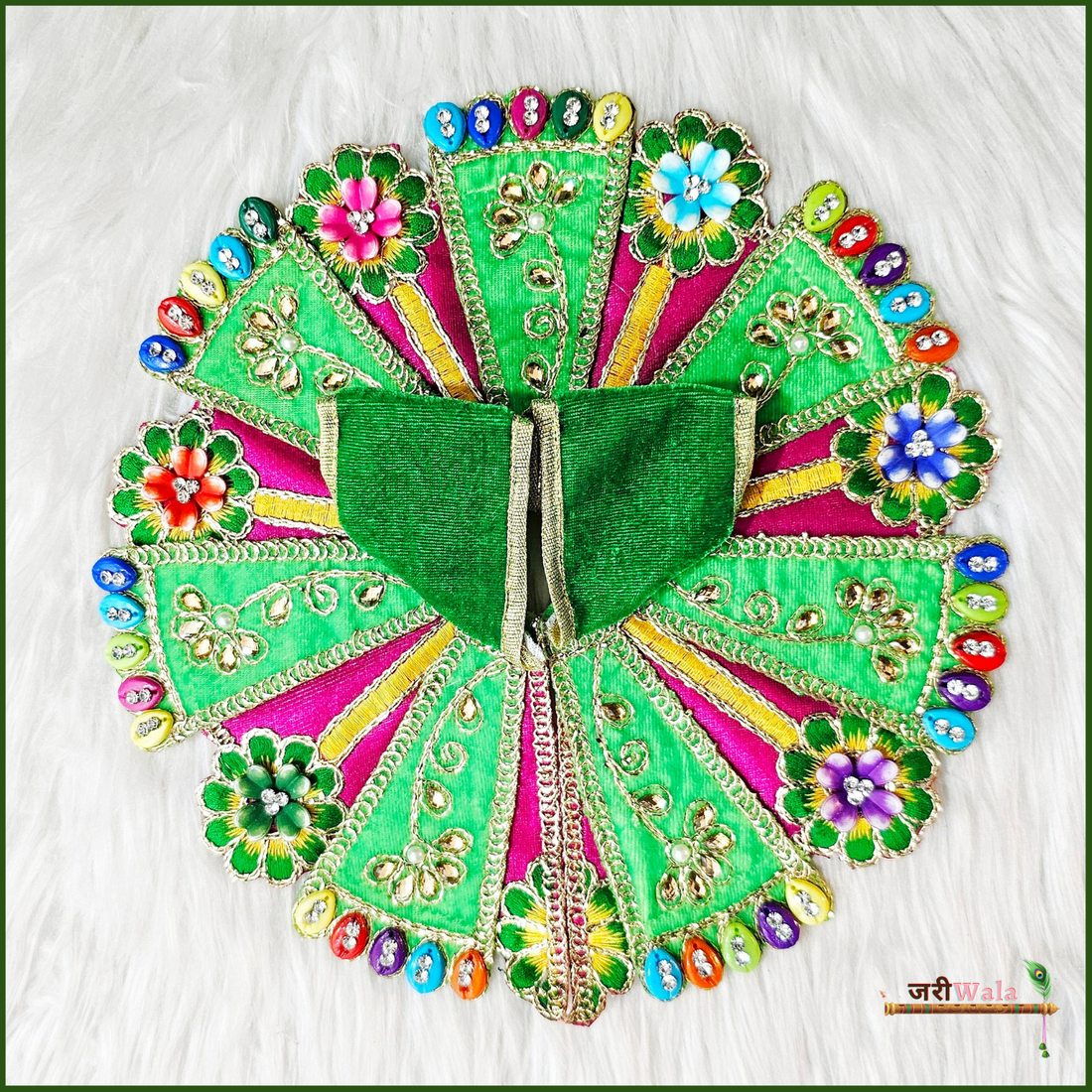 Handmade Shaneel Thread Lace Work Green Laddu Gopal Dress | Designer Kanha Ji Poshak for Janmashtami | Fancy Bal Gopal & Krishna Ji Dress