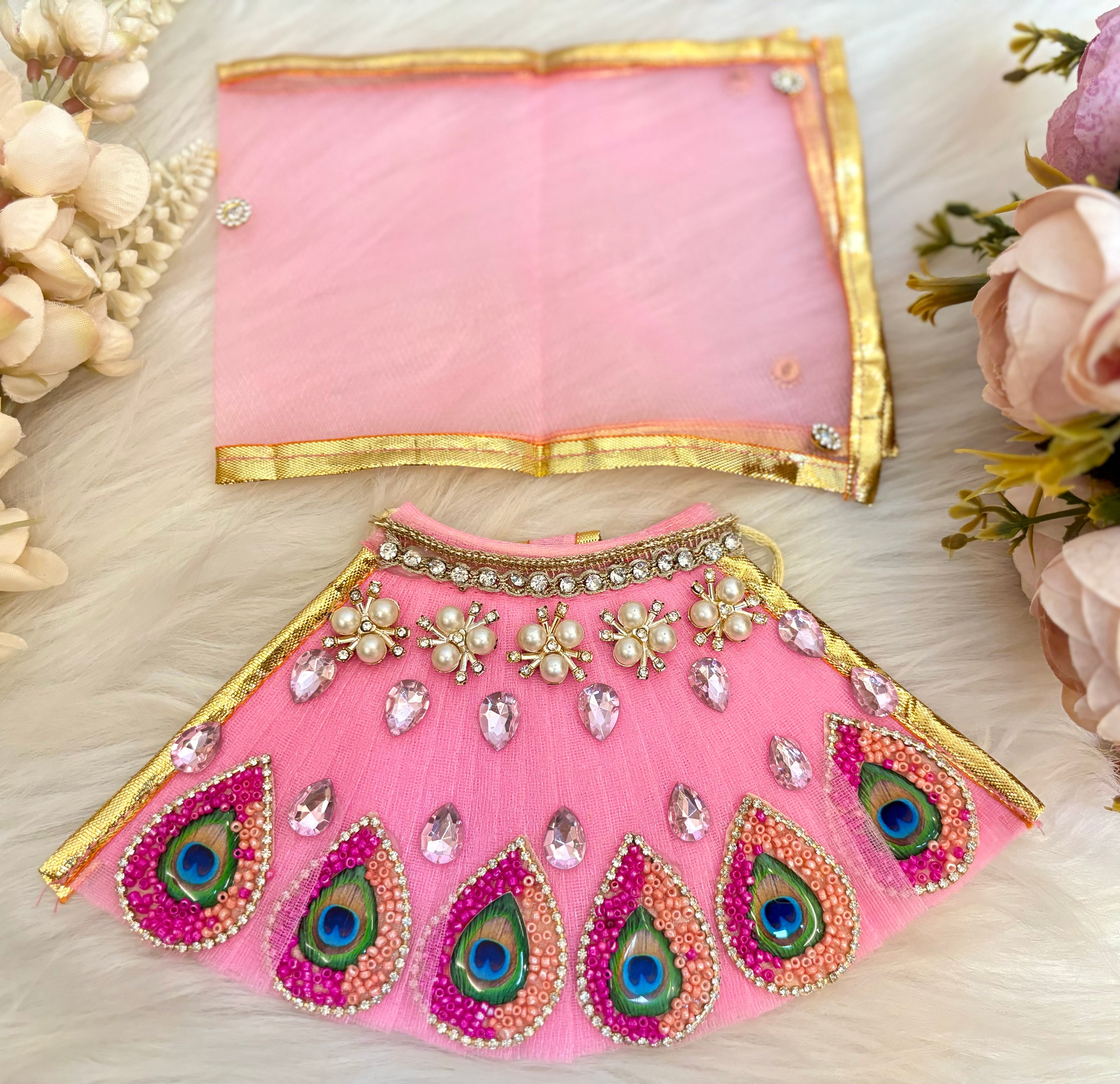 Handmade Designer Pink Lehenga & Dhoti Set for Laddu Gopal - 6 Piece Kanha Ji Poshak, Perfect for Janmashtami & Festivals | Bal Gopal & Krishna Ji Dress