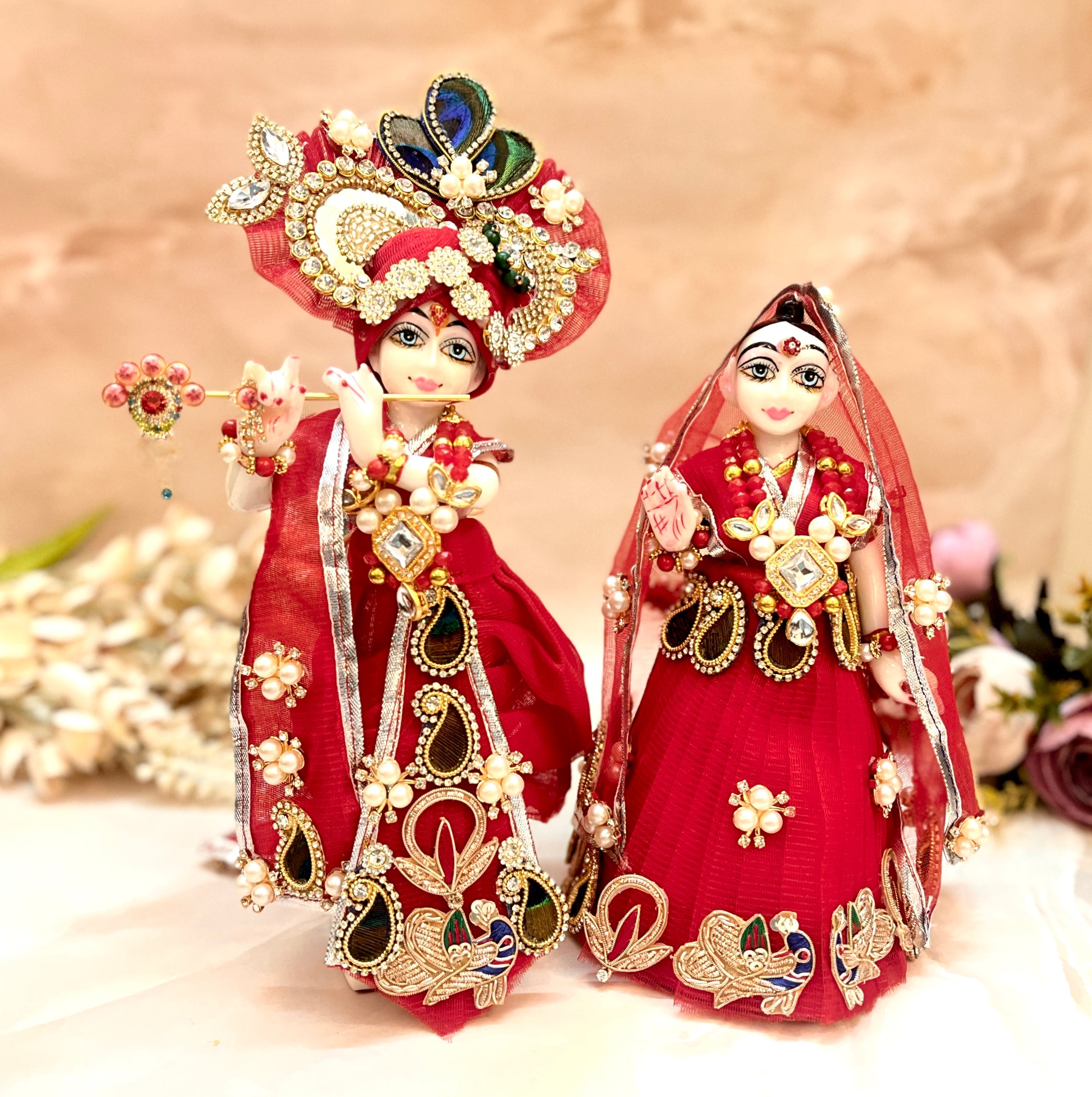 Handmade Designer Red Peacock Lehenga & Dhoti Set - 7 Piece Laddu Gopal Dress, Kanha Ji Poshak, Bal Gopal Dress for Janmashtami Festival