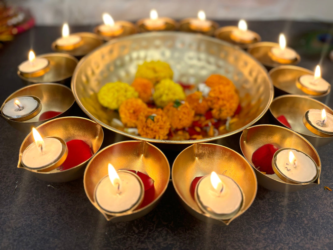 Handmade Decorative Urli Bowl with 14 Tealight Holders - Perfect for Janmashtami, Featuring Laddu Gopal Dress, Kanha Ji Poshak, and Bal Gopal Dress