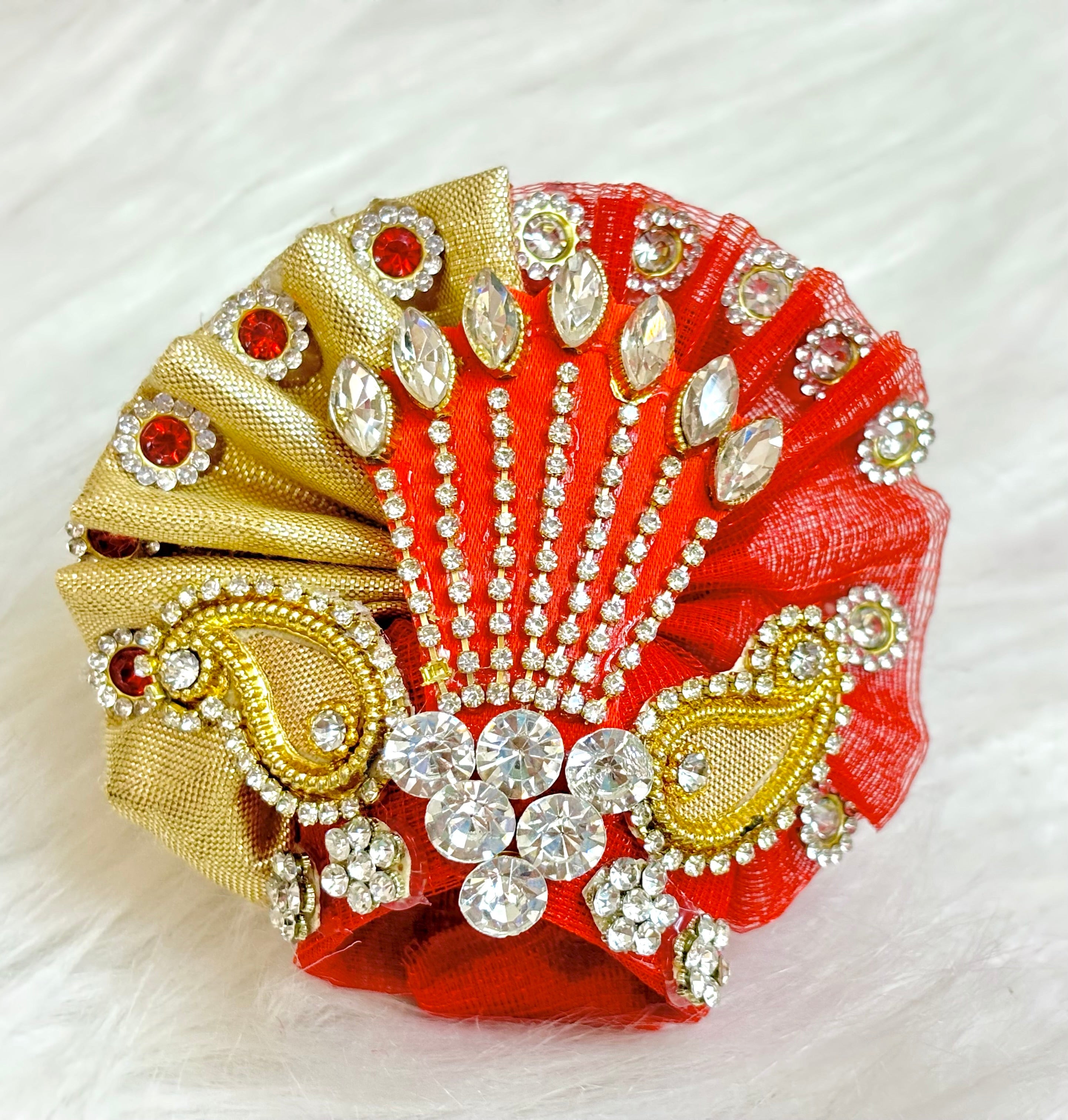 Luxe Handmade Golden Red Leaf Laddu Gopal Dress Set - 5 Piece Designer Poshak for Kanha Ji, Bal Gopal & Krishna Ji - Perfect for Janmashtami Festival