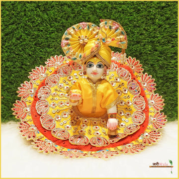 Handmade Designer Blended Frill Thread Lace Work Yellow & Orange Laddu Gopal Dress | Fancy Kanha Ji Poshak for Janmashtami & Festivals