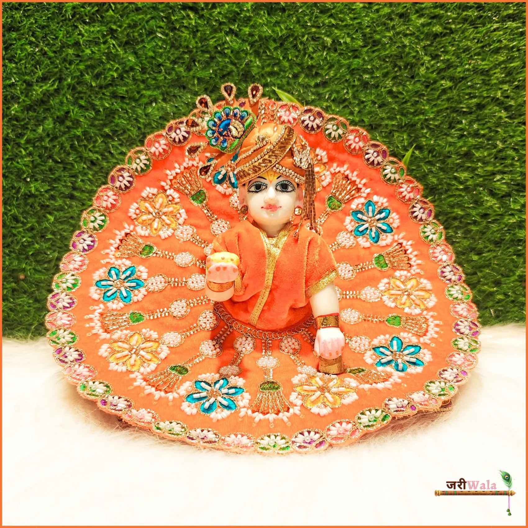 Handmade Designer Orange Laddu Gopal Dress with Cutdana Moti Work - Perfect for Janmashtami, Kanha Ji Poshak, and Bal Gopal Dress