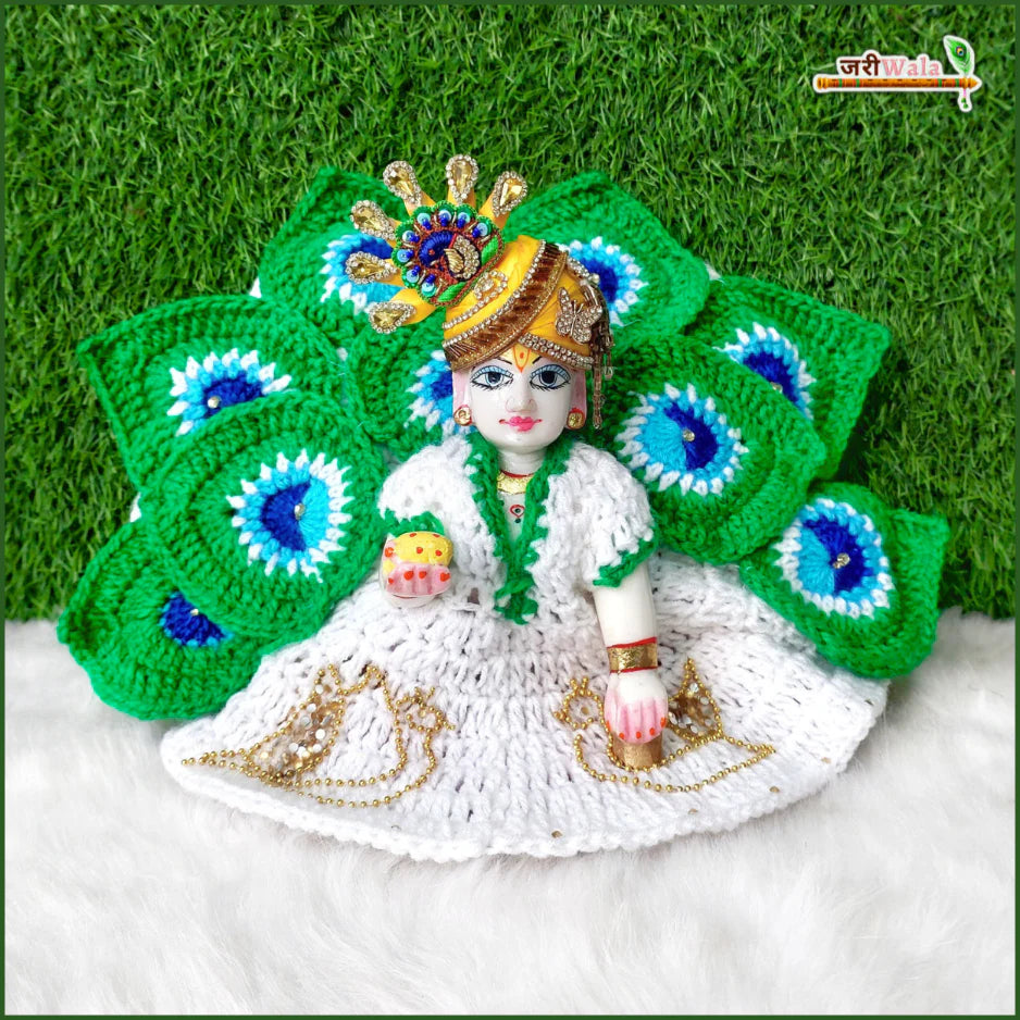 Handmade Woolen Fancy Morpankh Poshak for Laddu Gopal - White & Green Designer Dress for Kanha Ji, Bal Gopal, and Krishna Ji - Perfect for Janmashtami Festival
