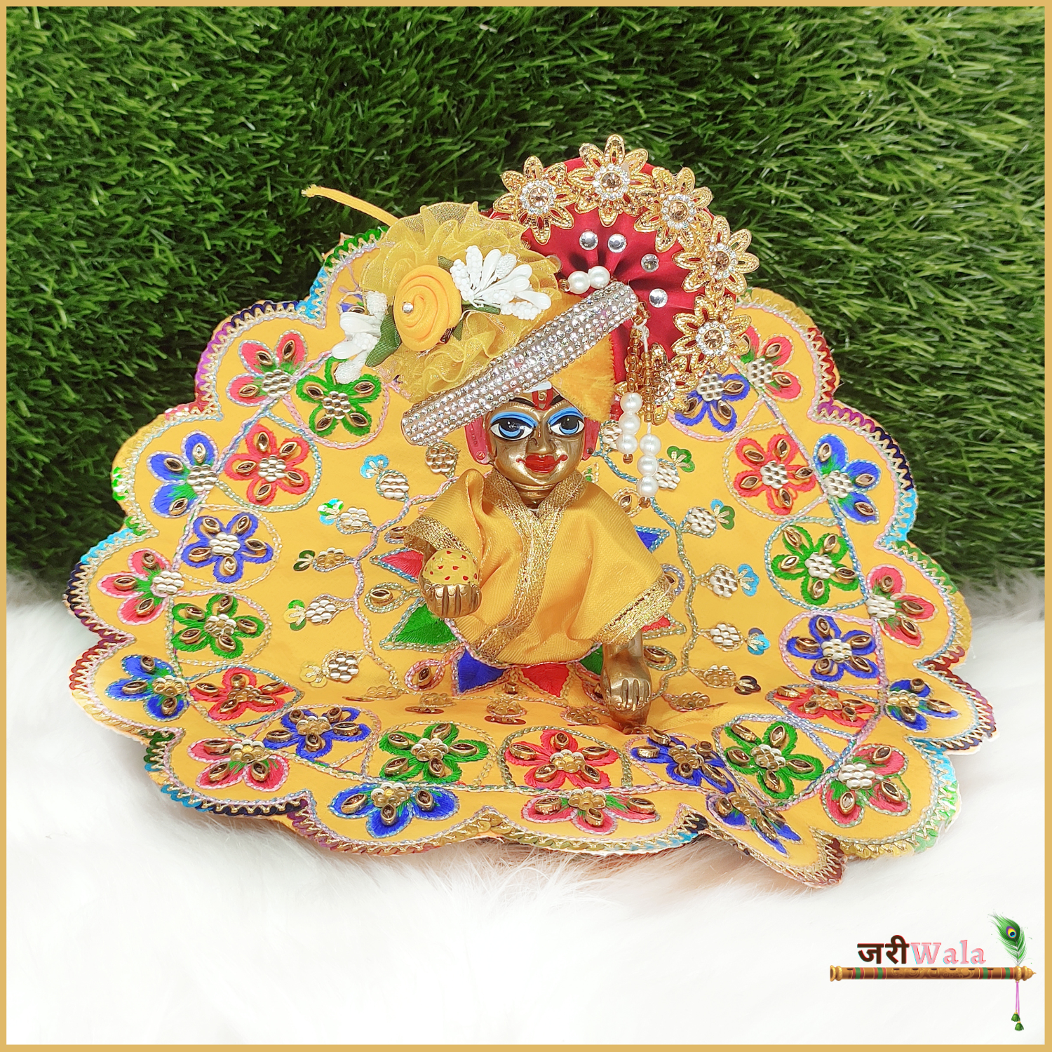 Handmade Blended Thread Kundan Work Yellow Laddu Gopal Dress | Designer Kanha Ji Poshak for Janmashtami | Fancy Bal Gopal & Krishna Ji Dress