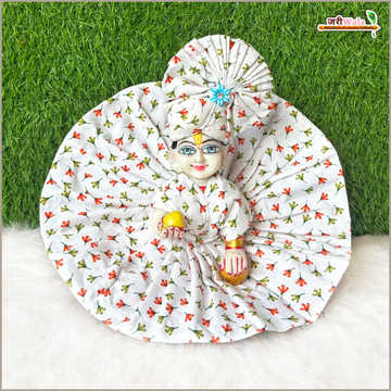Handmade Multicolor Leaf Print White Laddu Gopal Poshak with Pagdi - Designer Kanha Ji Dress for Janmashtami & Festivals, Bal Gopal Fancy Dress