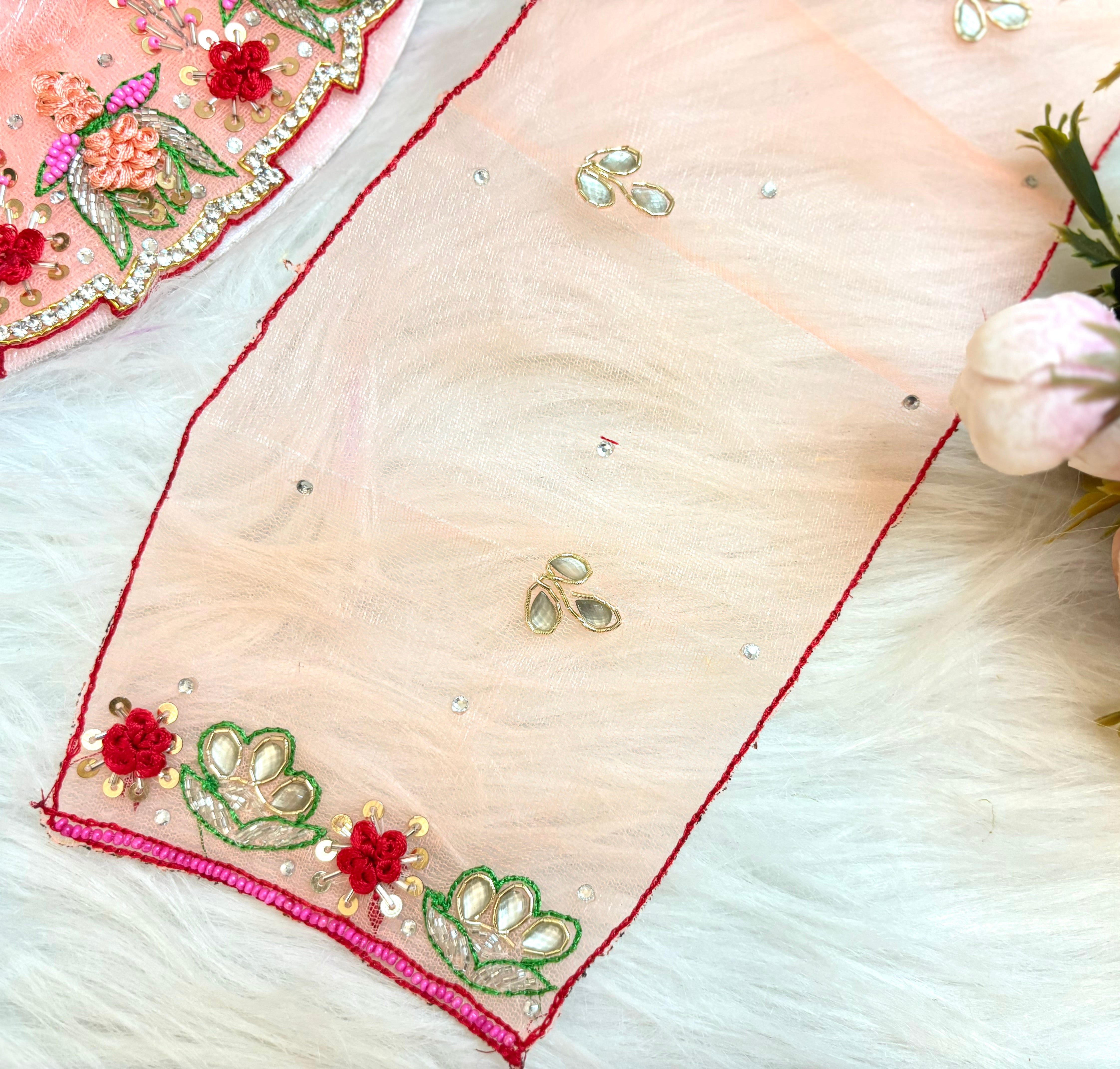 Handmade Luxe Pastel Peach Lotus Lehenga Set - Designer Choli & Dupatta for Laddu Gopal Dress, Kanha Ji Poshak, Bal Gopal & Krishna Ji Dress - Perfect for Janmashtami Festival
