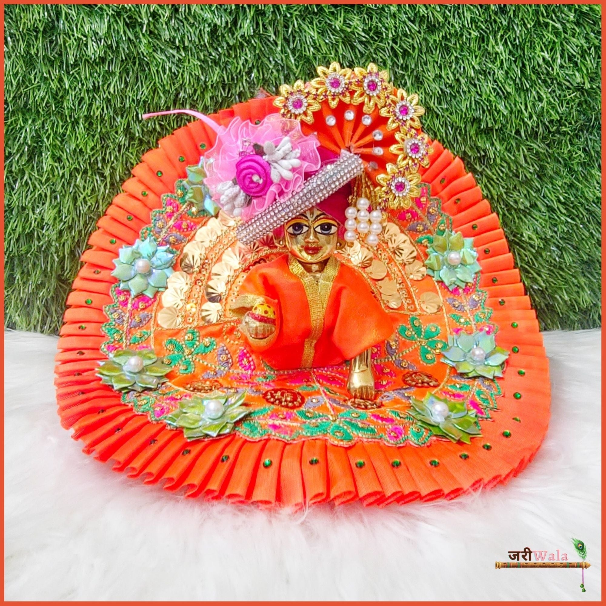 Handmade Designer Orange Frill Thread Lace Poshak for Laddu Gopal, Kanha Ji, Bal Gopal & Krishna Ji - Perfect for Janmashtami Festival