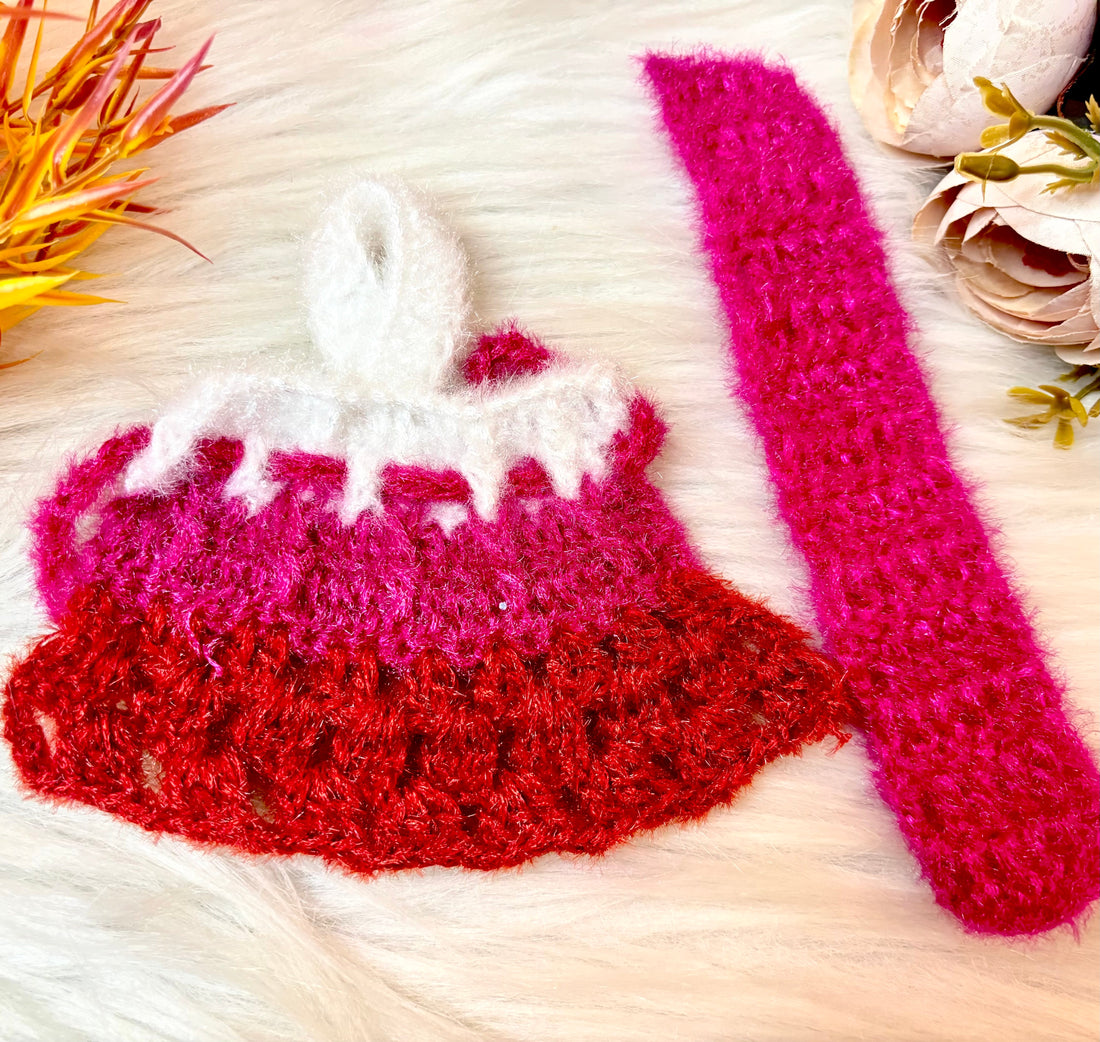 Handmade Pink & Red Woollen Lehenga Choli & Patka Set for Laddu Gopal Dress – Designer Kanha Ji Poshak for Janmashtami & Festivals