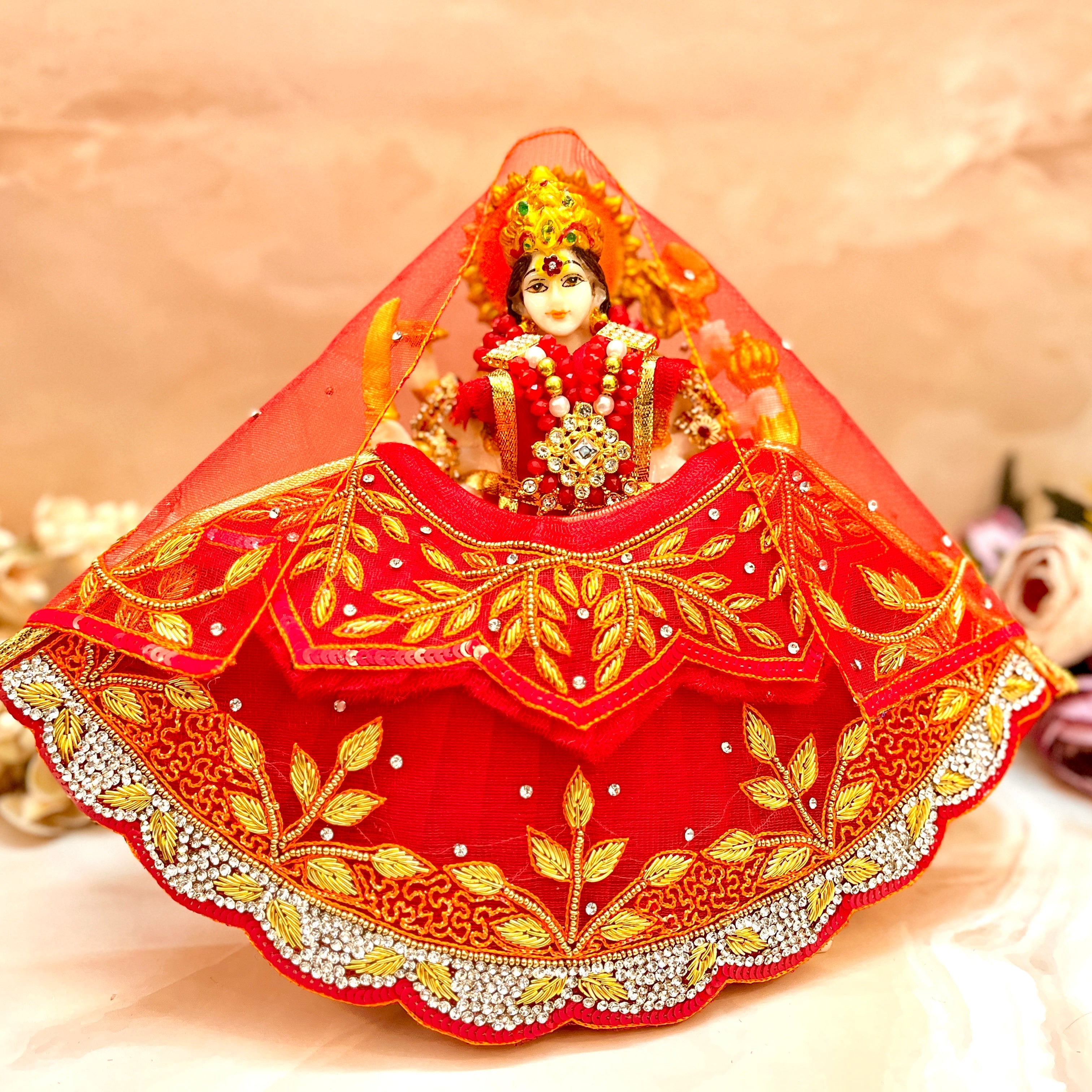 Luxe Handmade Mata Rani Golden Red Leaf Lehenga Set - Designer Choli & Dupatta for Laddu Gopal Dress, Kanha Ji Poshak, Bal Gopal Dress for Janmashtami