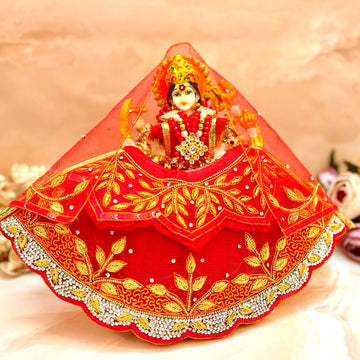 Luxe Handmade Mata Rani Golden Red Leaf Lehenga Set - Designer Choli & Dupatta for Laddu Gopal Dress, Kanha Ji Poshak, Bal Gopal Dress for Janmashtami
