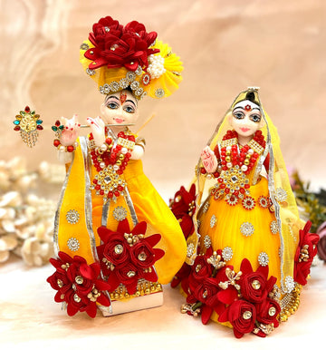 Handmade Designer Yellow & Maroon Flower Lehenga & Dhoti Set for Laddu Gopal, Kanha Ji, Bal Gopal & Krishna Ji - 7 Piece Festival Dress for Janmashtami