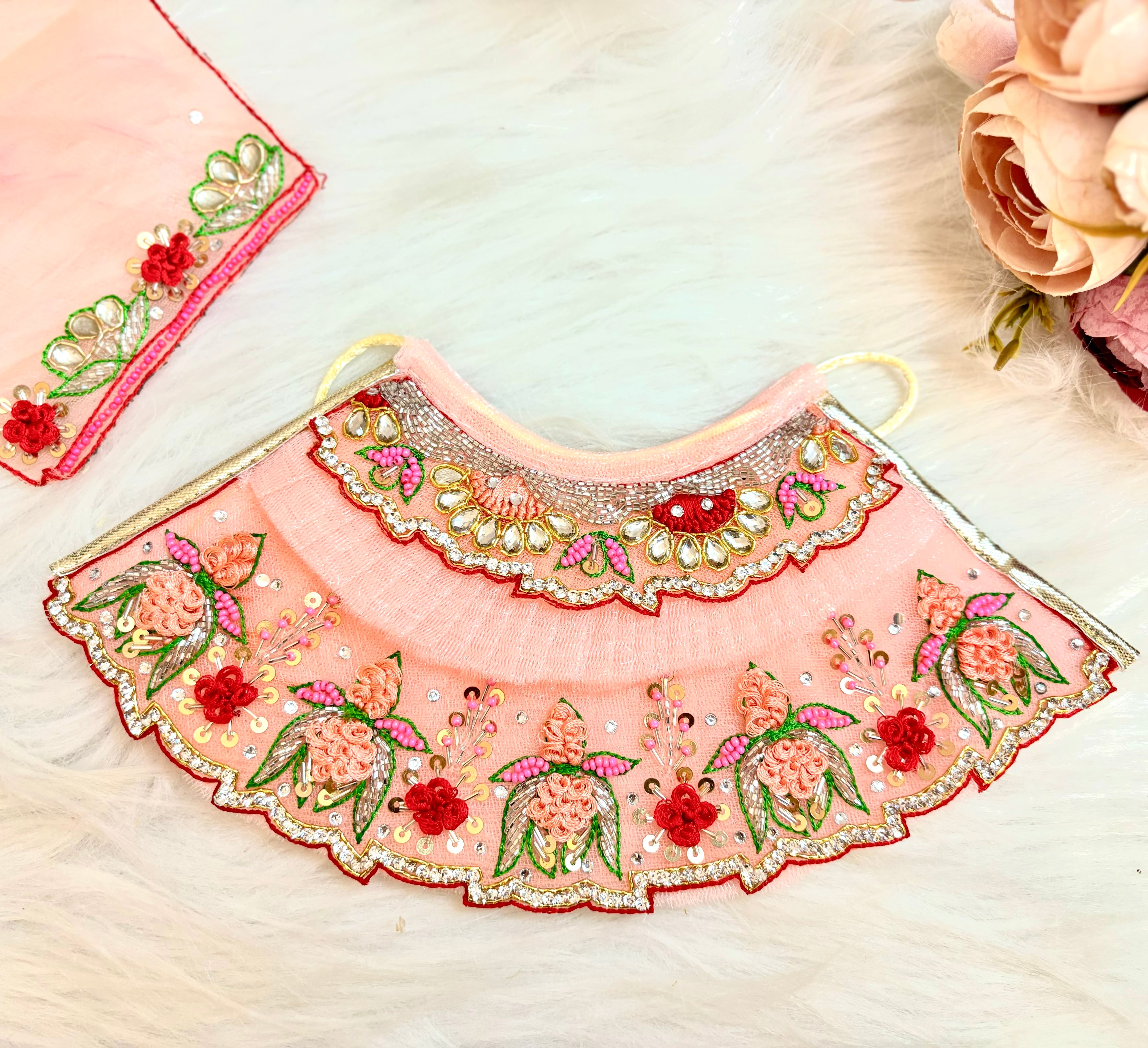 Handmade Luxe Pastel Peach Lotus Lehenga Set - Designer Choli & Dupatta for Laddu Gopal Dress, Kanha Ji Poshak, Bal Gopal & Krishna Ji Dress - Perfect for Janmashtami Festival