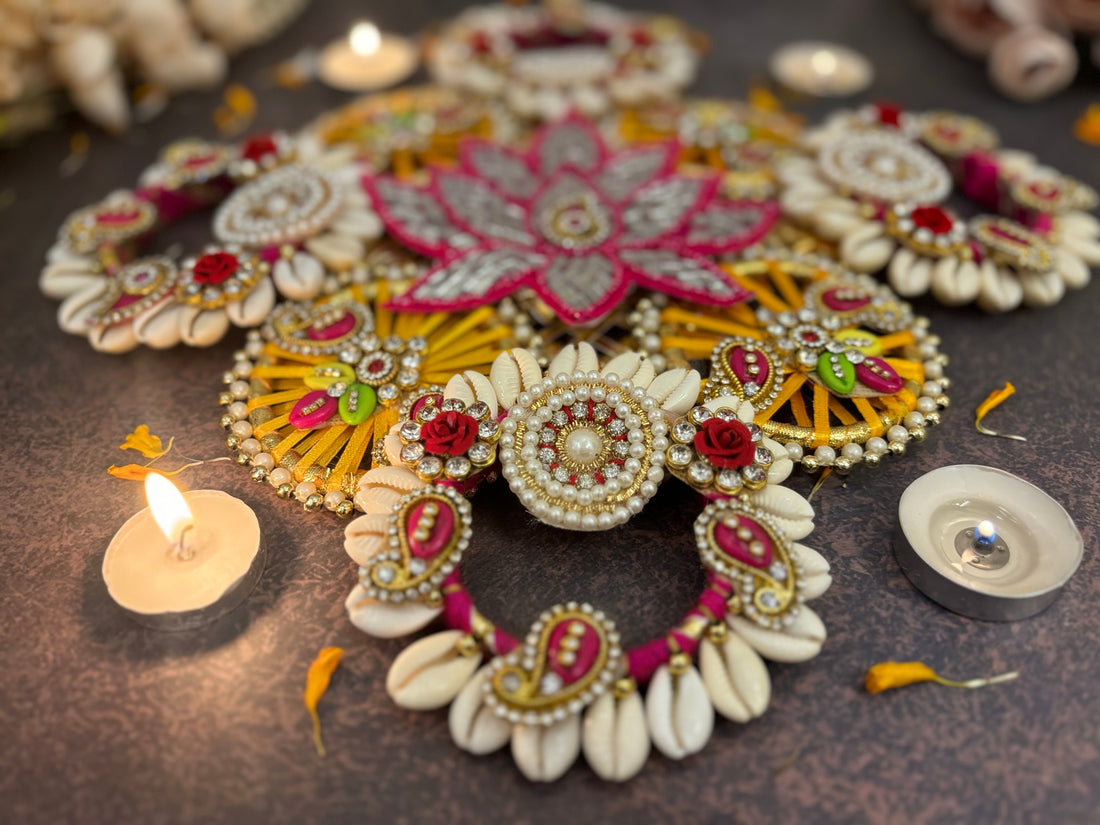 Handmade Sparkling Mirror Lotus Rangoli & Centre Decor Piece for Janmashtami - Perfect for Laddu Gopal Dress, Kanha Ji Poshak, and Bal Gopal Dress
