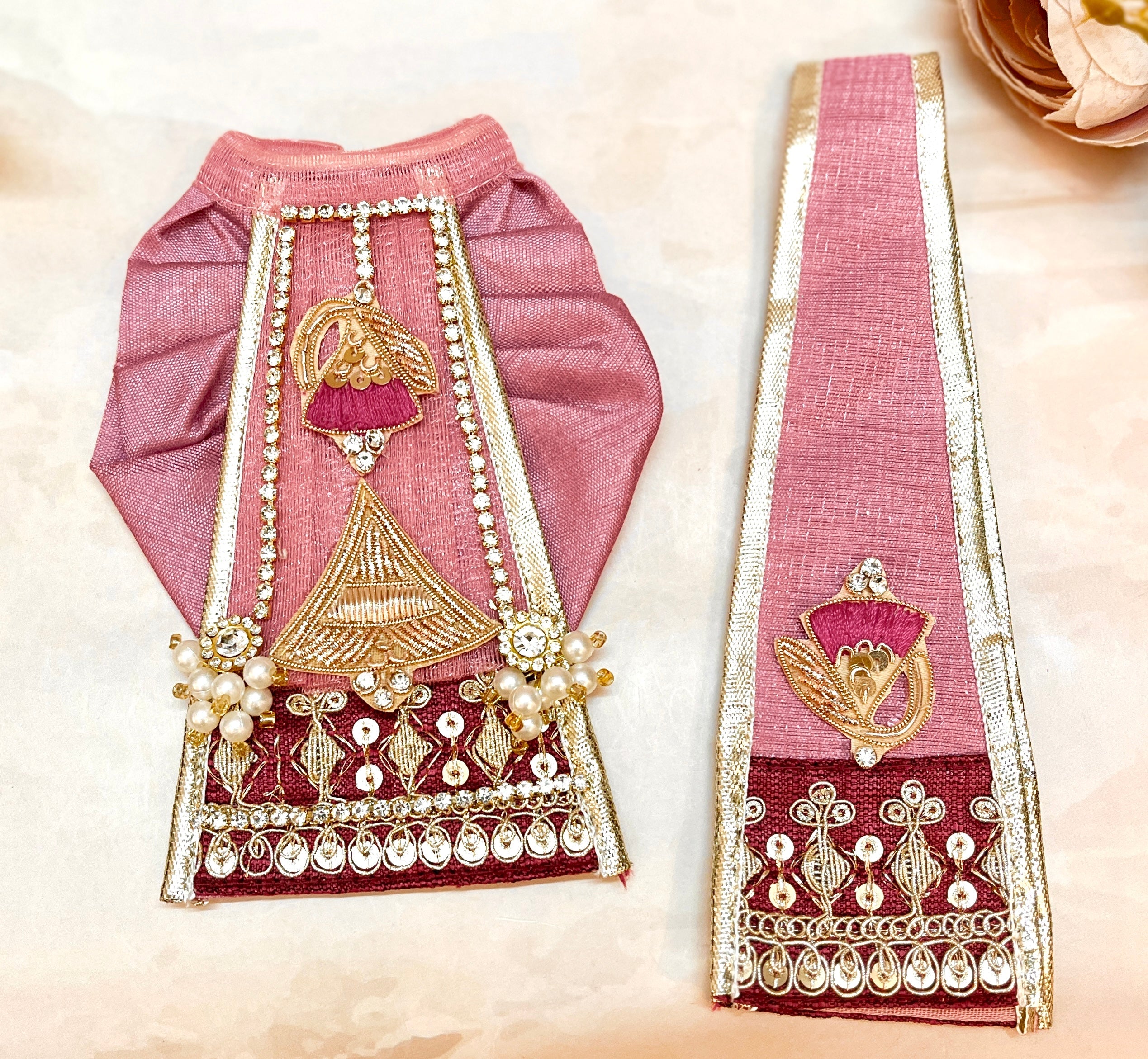 Handmade Peach-Pink Divine Bells Lehenga & Dhoti Set for Laddu Gopal | Designer Kanha Ji Poshak | Bal Gopal & Krishna Ji Dress - 6 Piece Festival Outfit