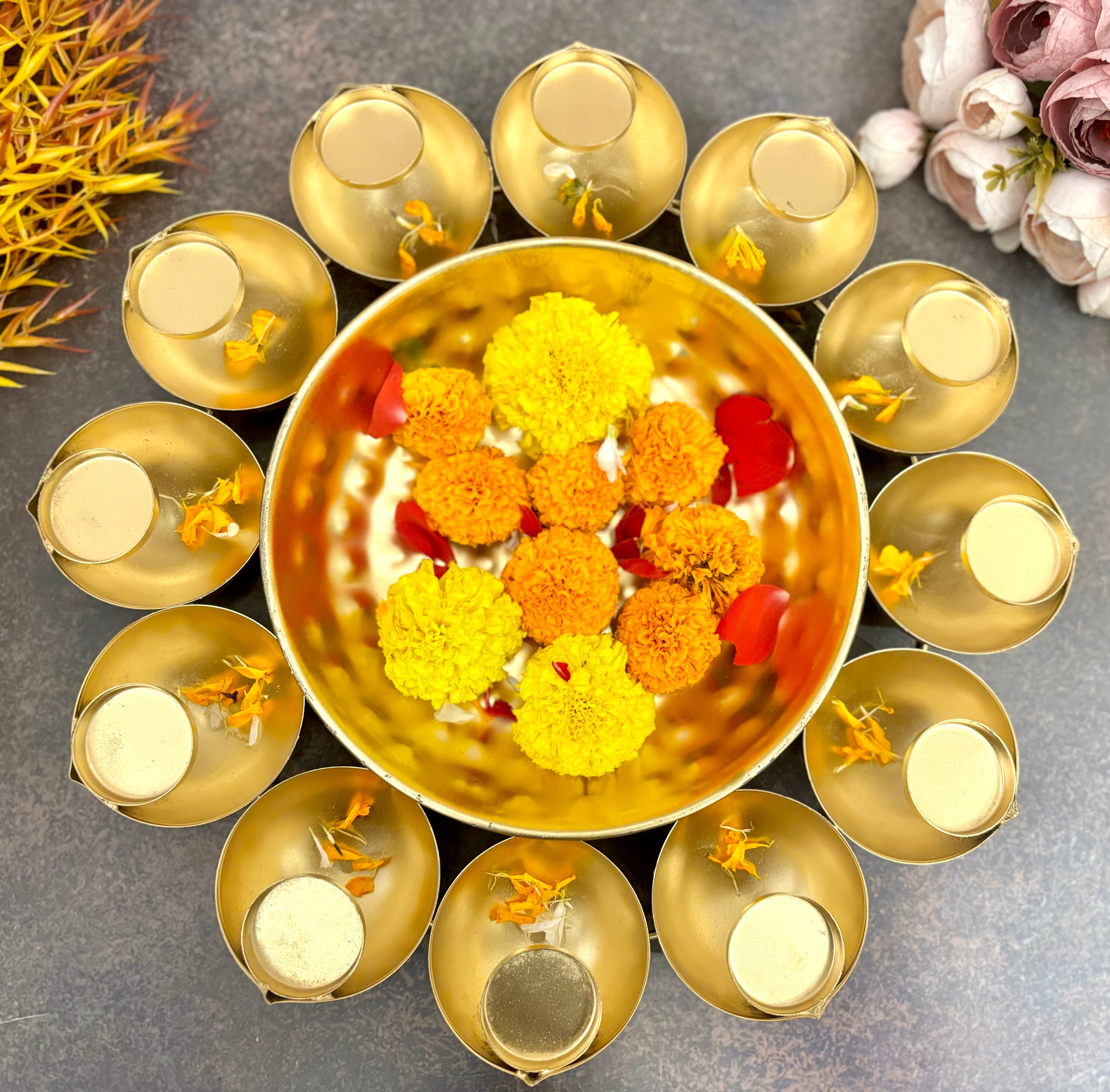 Handmade Decorative Urli Bowl with 12 Tealight Holders - Perfect for Janmashtami Celebrations, Featuring Laddu Gopal Dress & Kanha Ji Poshak