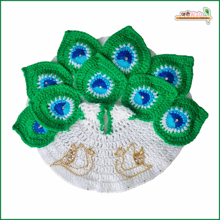 Handmade Woolen Fancy Morpankh Poshak for Laddu Gopal - White & Green Designer Dress for Kanha Ji, Bal Gopal, and Krishna Ji - Perfect for Janmashtami Festival