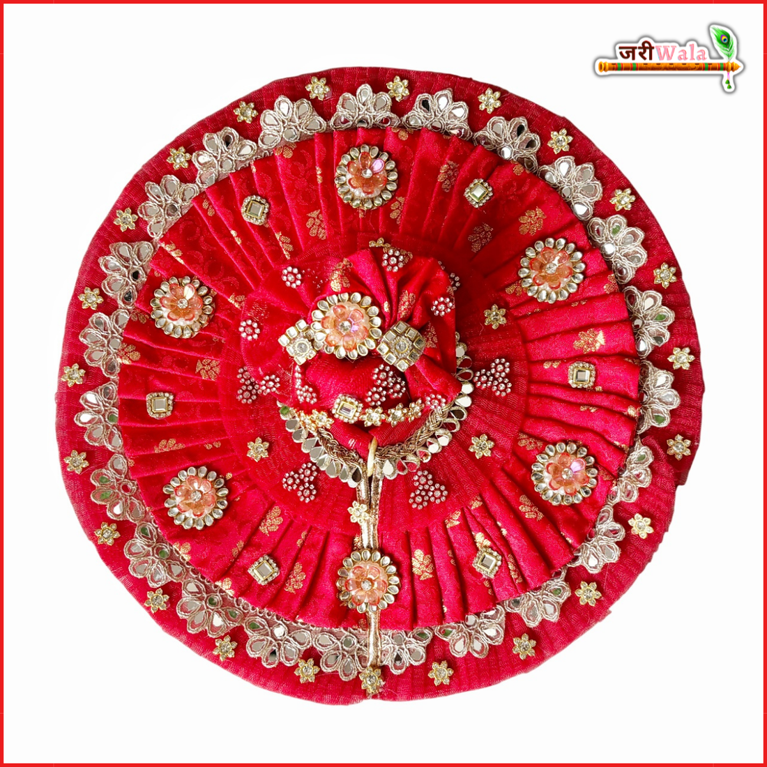 Handmade Cotton Frill Lace Kundan Mirror Work Red Laddu Gopal Poshak with Pagdi - Designer Kanha Ji Dress for Janmashtami & Festivals