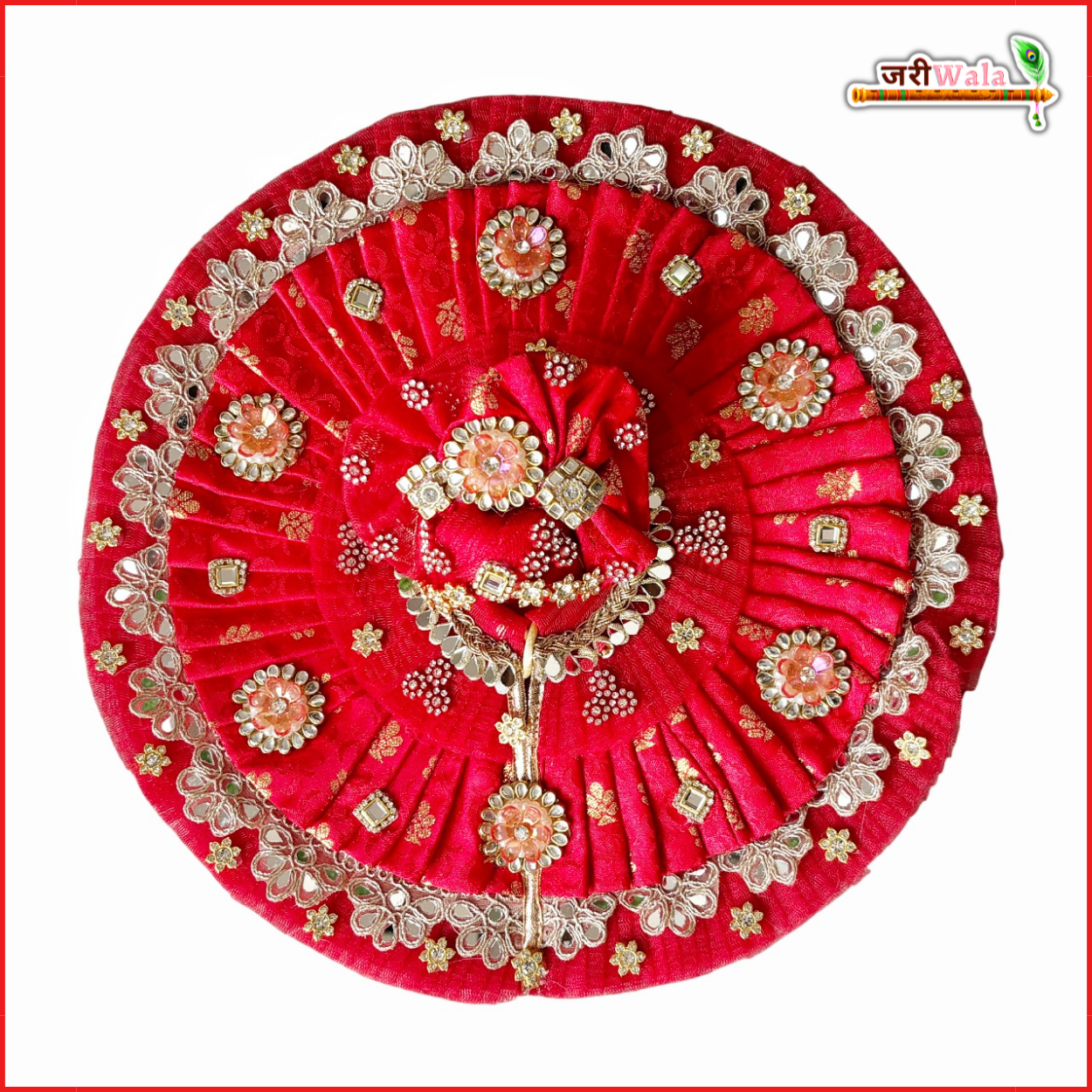 Handmade Cotton Frill Lace Kundan Mirror Work Red Laddu Gopal Poshak with Pagdi - Designer Kanha Ji Dress for Janmashtami & Festivals