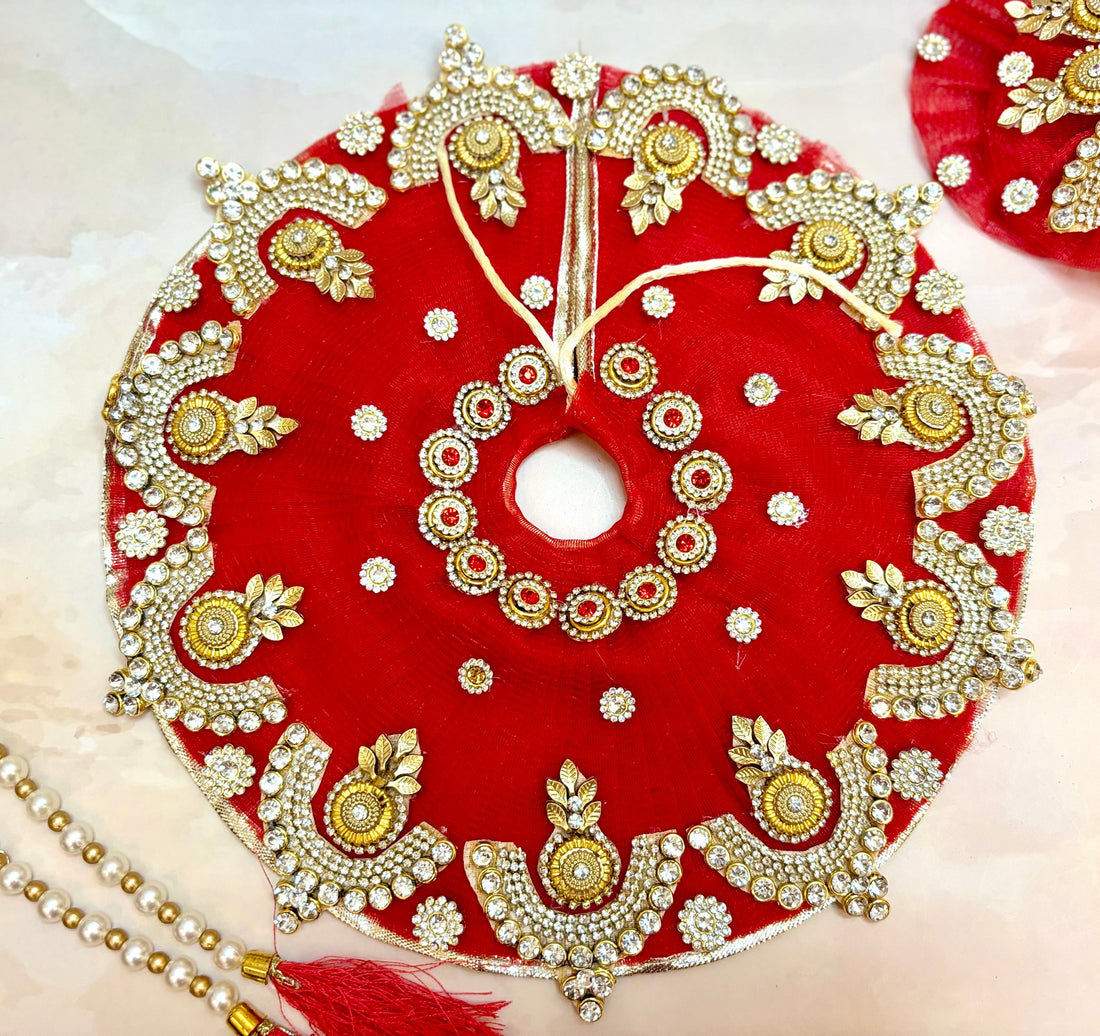 Handmade Red Jarkan Radha Rani Dress Set - 4 Piece Designer Laddu Gopal Dress for Janmashtami, Kanha Ji Poshak, Bal Gopal & Krishna Ji Dress