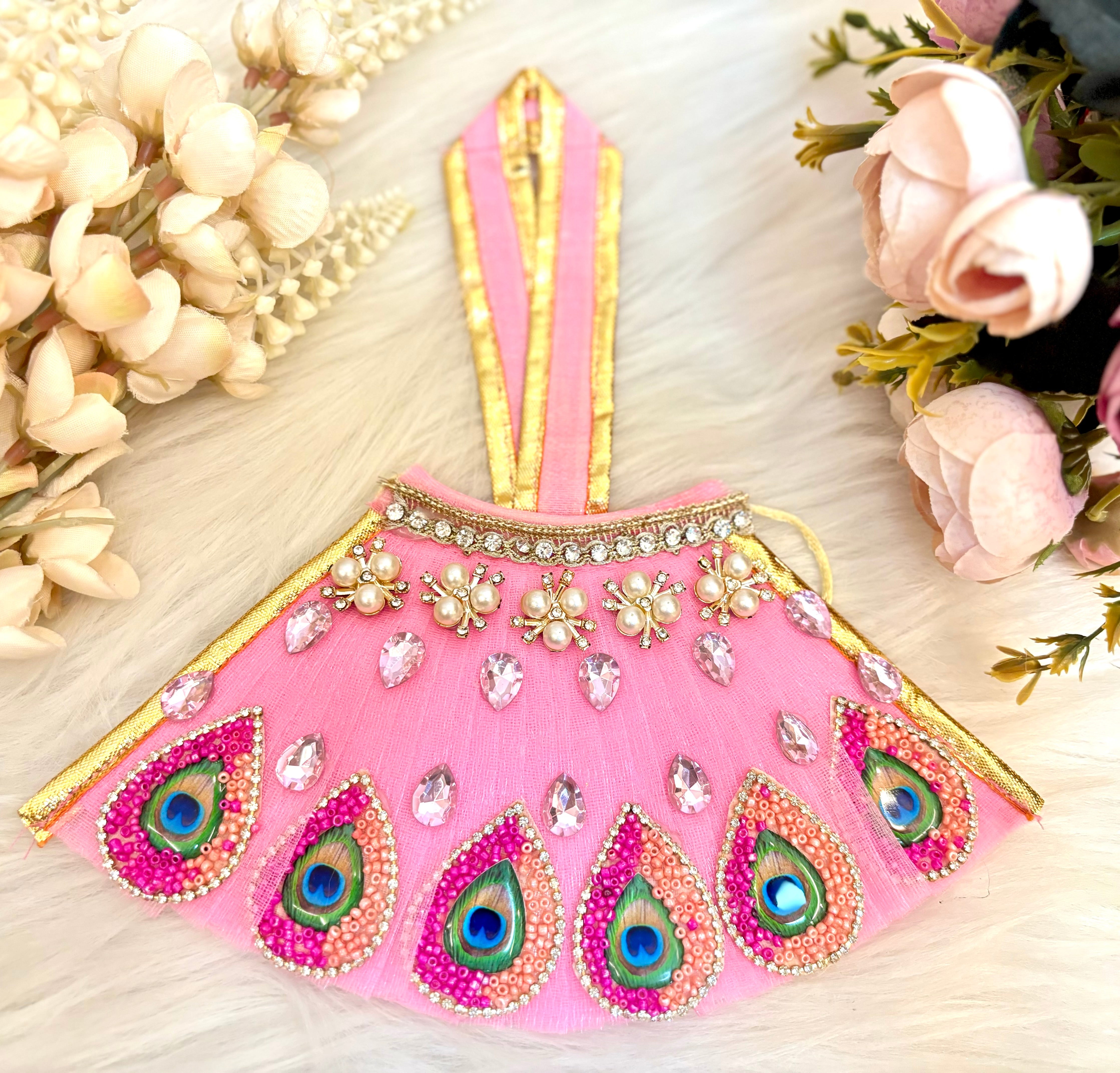 Handmade Designer Pink Lehenga & Dhoti Set for Laddu Gopal | Kanha Ji Poshak | Bal Gopal Dress | Perfect for Janmashtami Festival - 6 Piece Set