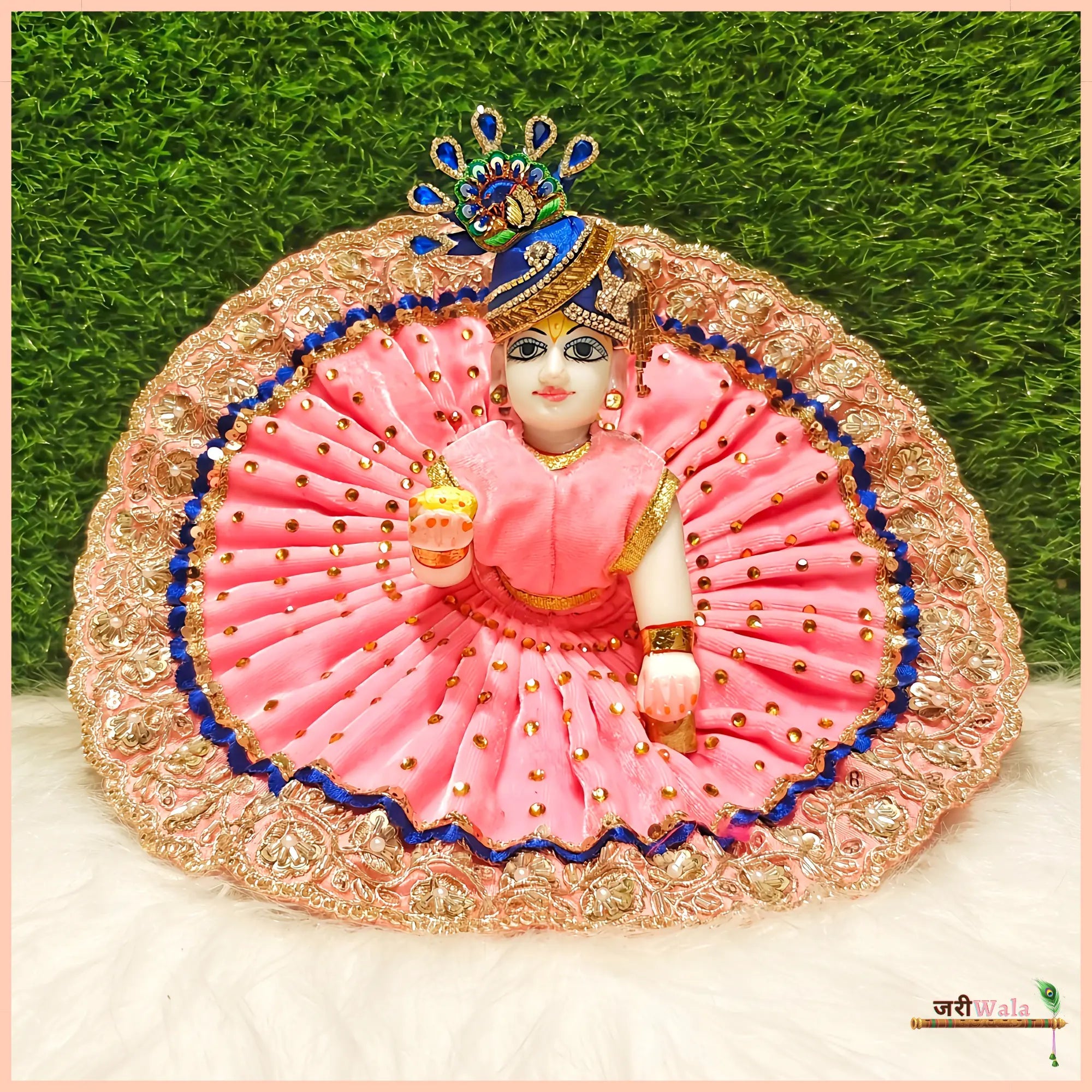Handmade Baby Pink Laddu Gopal Dress with Cutdana Lace Work - Designer Kanha Ji Poshak for Janmashtami, Fancy Bal Gopal Dress
