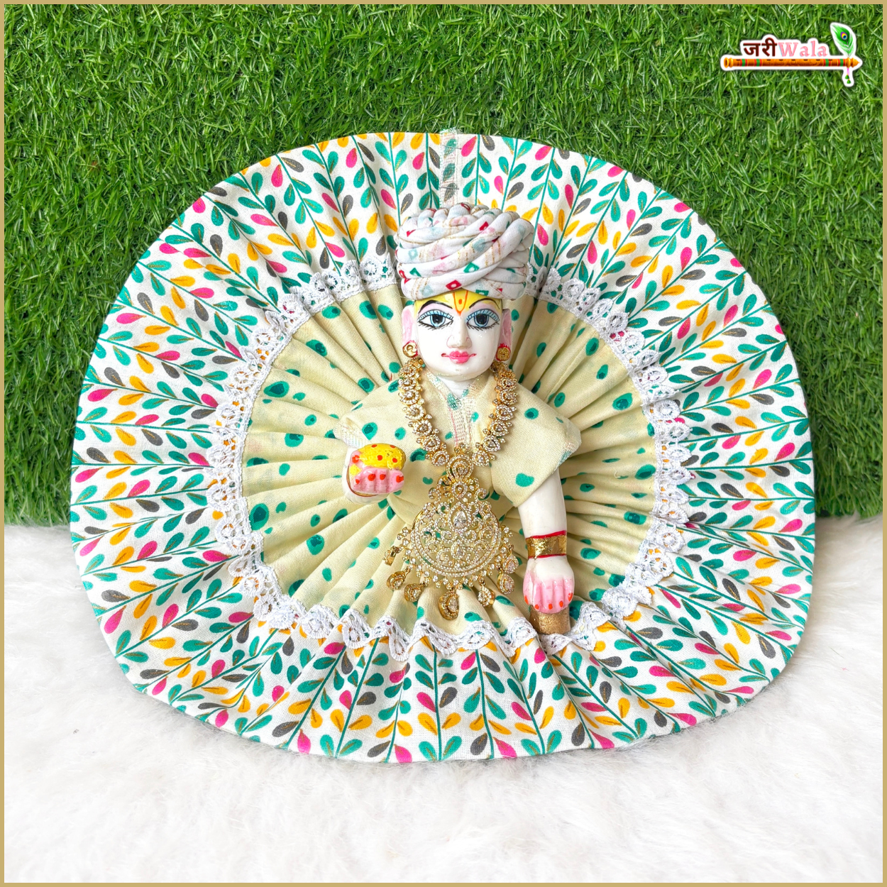 Handmade Designer Cotton Leaf Print Turquoise Green Laddu Gopal Dress | Fancy Kanha Ji Poshak for Janmashtami & Festivals | Bal Gopal & Krishna Ji Dress