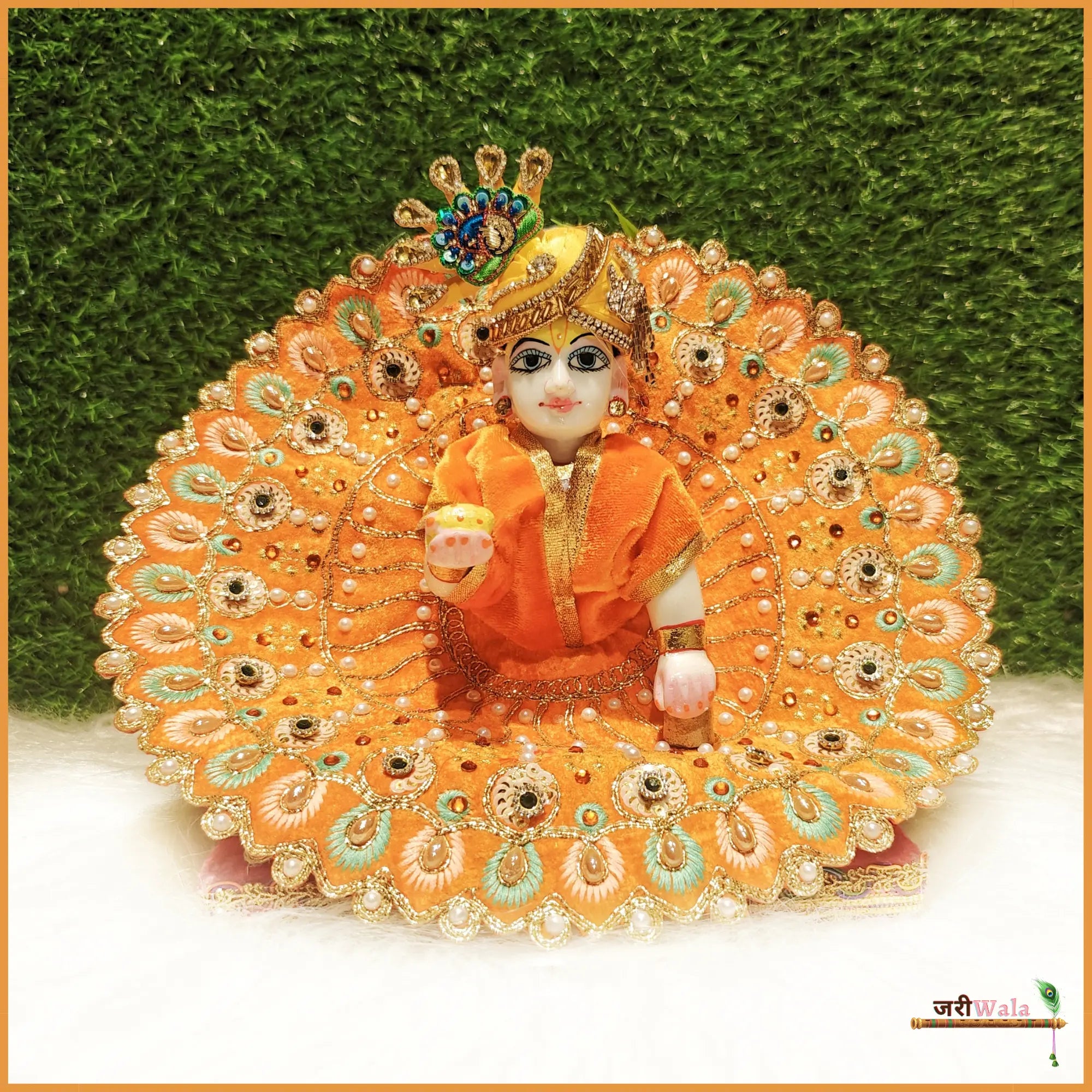 Handmade Orange Laddu Gopal Dress with Sitara Work | Designer Kanha Ji Poshak for Janmashtami | Fancy Bal Gopal & Krishna Ji Dress