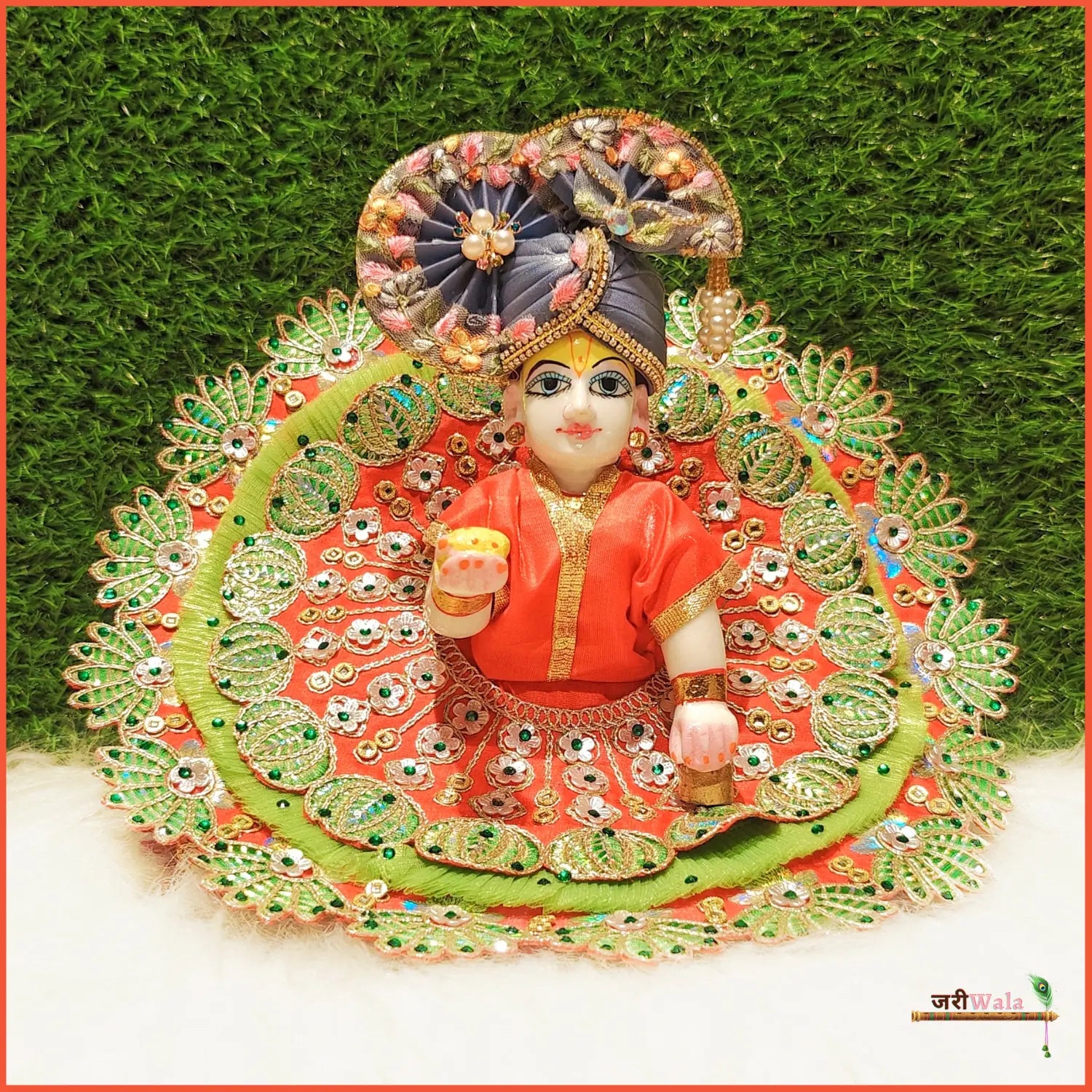 Handmade Designer Green & Orange Frill Thread Lace Work Laddu Gopal Dress | Fancy Kanha Ji Poshak for Janmashtami & Festivals