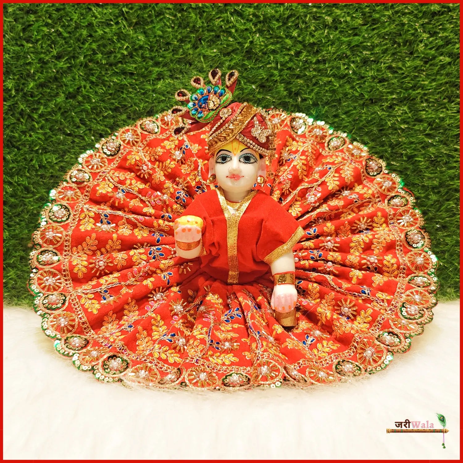 Handmade Designer Red Laddu Gopal Dress with Cutdana Work - Fancy Kanha Ji Poshak for Janmashtami Celebrations | Bal Gopal & Krishna Ji Dress